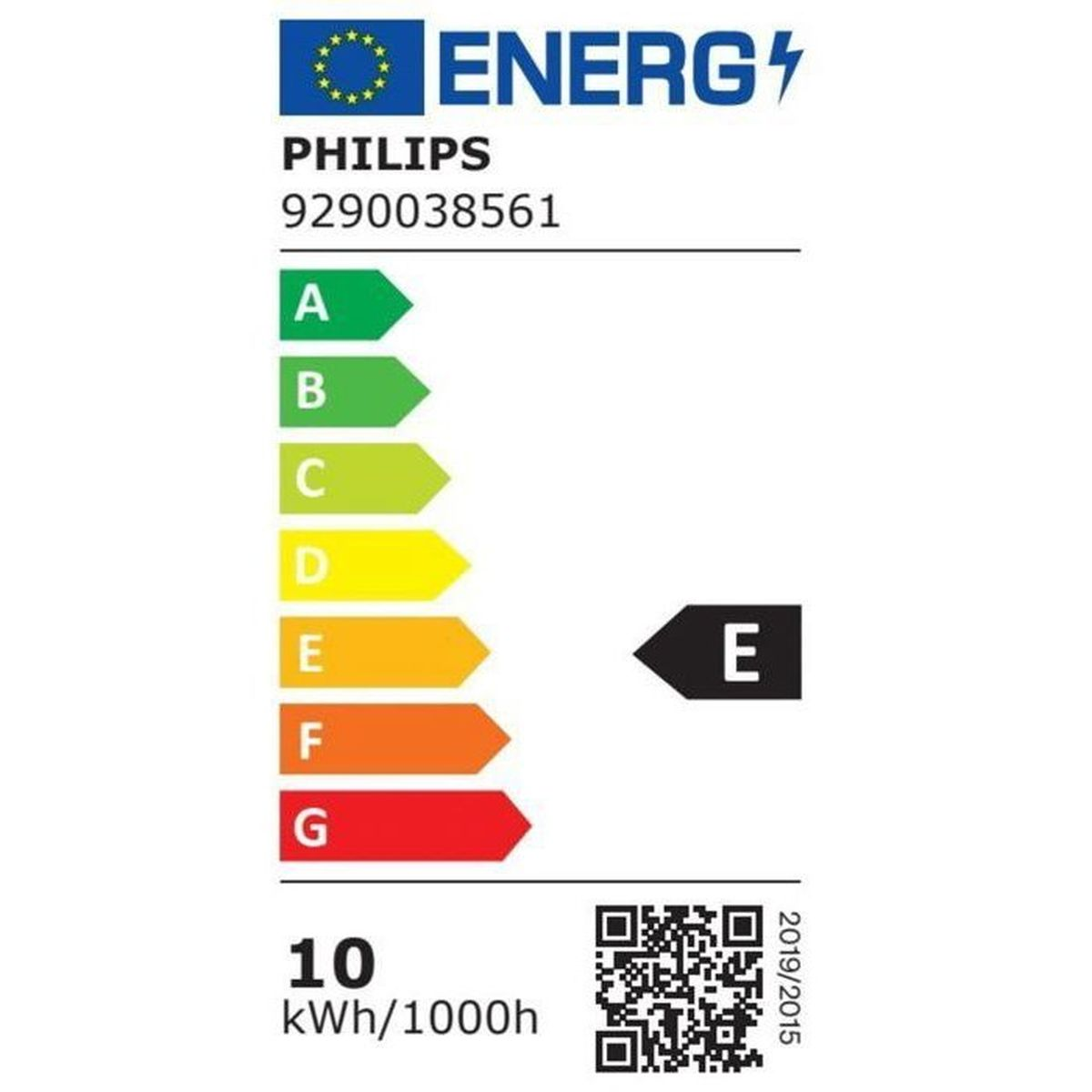 Etichetta energetica per lampada Philips 9290038561, classe E, 10 kWh/1000h.