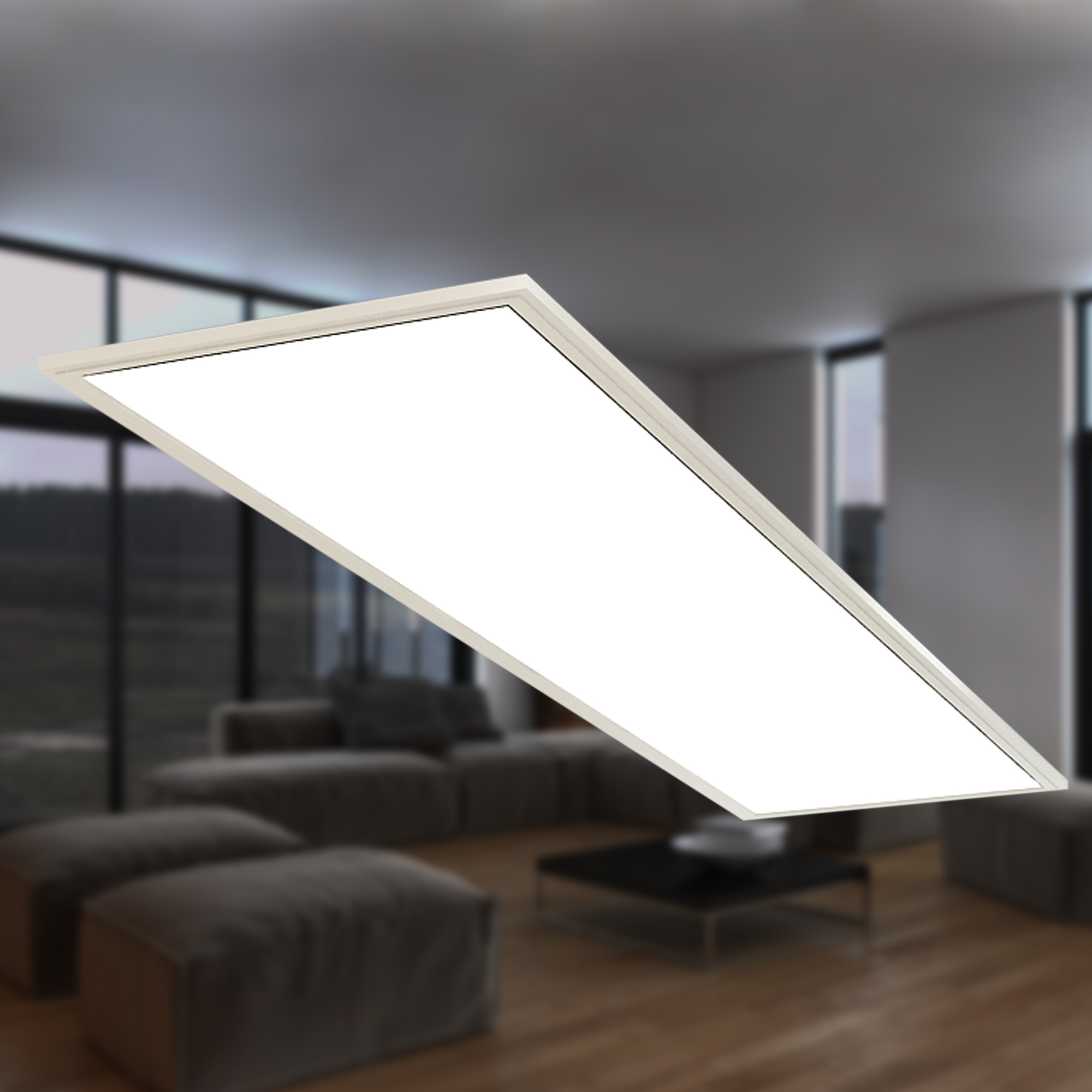 Ein rechteckiges Deckenlicht mit weißer Fläche über einem Wohnzimmer.