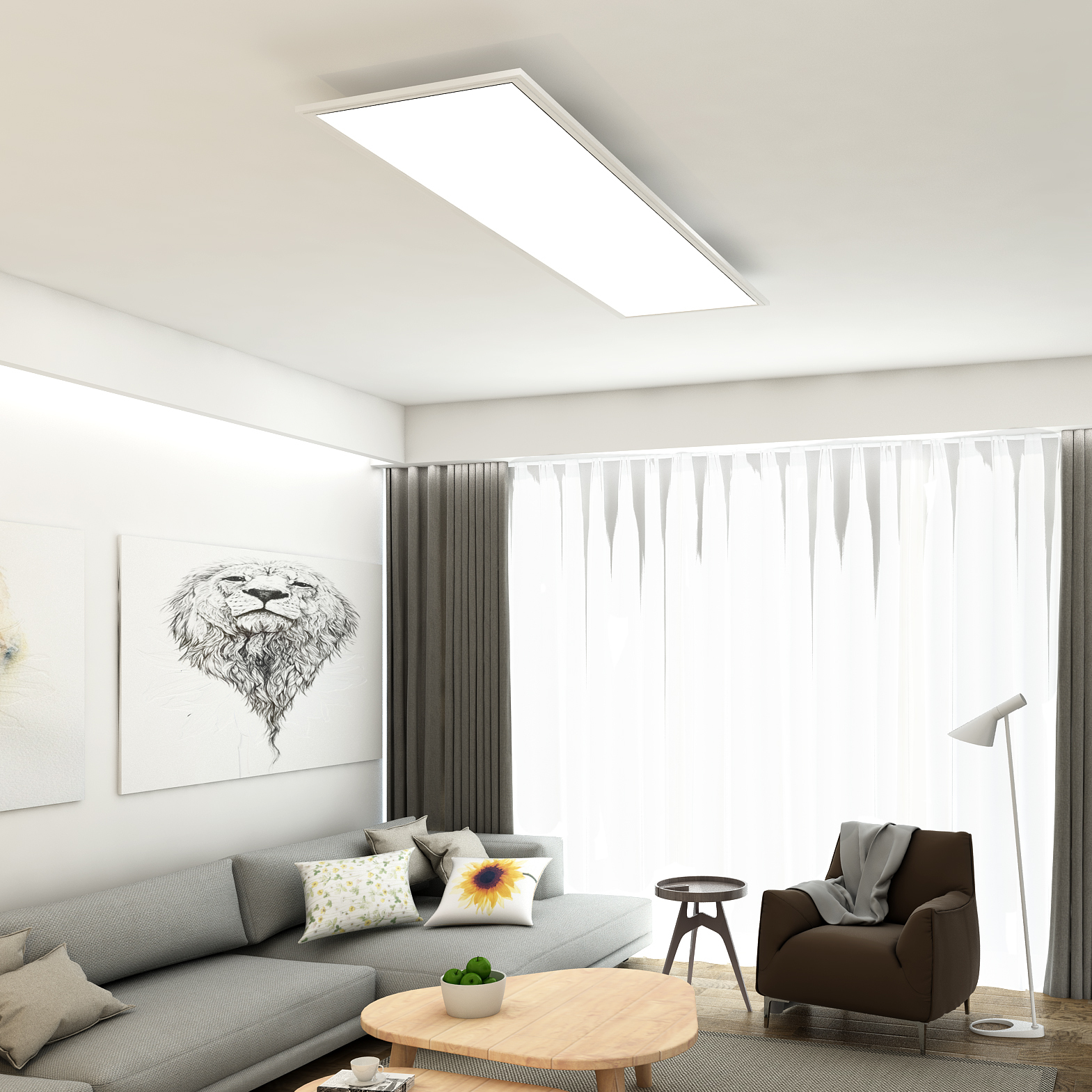 Ein modernes Wohnzimmer mit grauem Sofa, braunem Sessel, Holztisch und Löwenkunst.