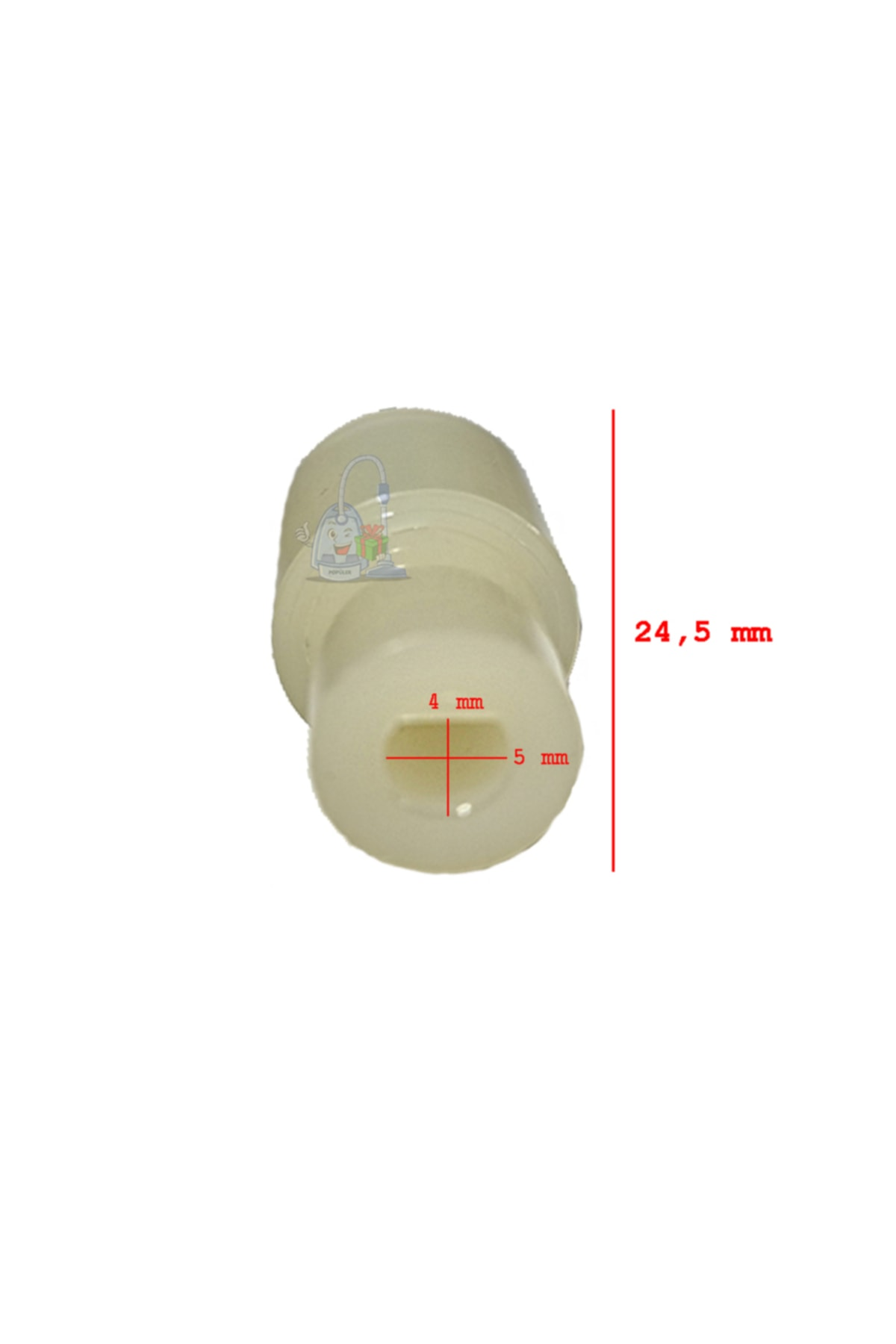 24,5 mm uzunluğunda, 4 mm ve 5 mm genişliğinde beyaz plastik adaptör.