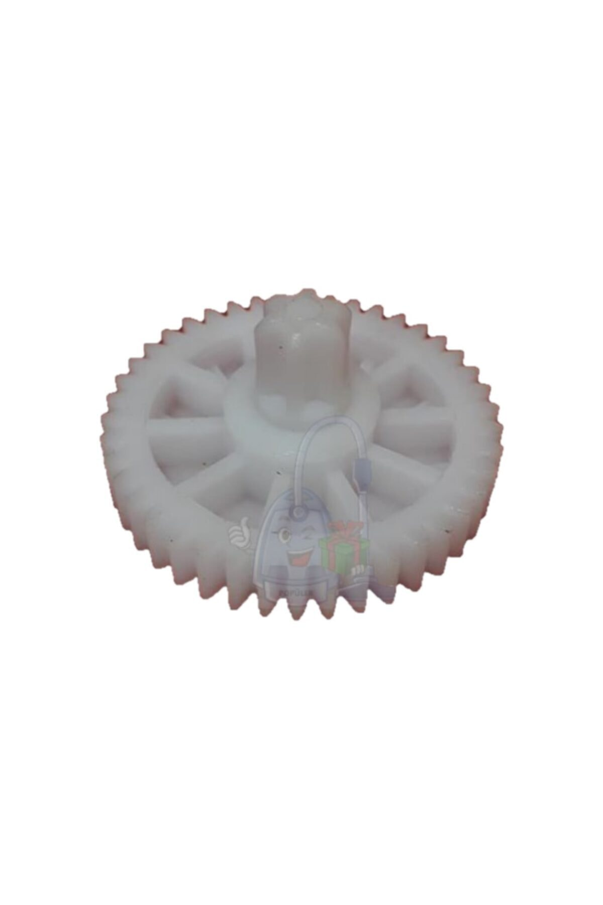 Ortada göbeği ve dişleri olan beyaz plastik dişli.