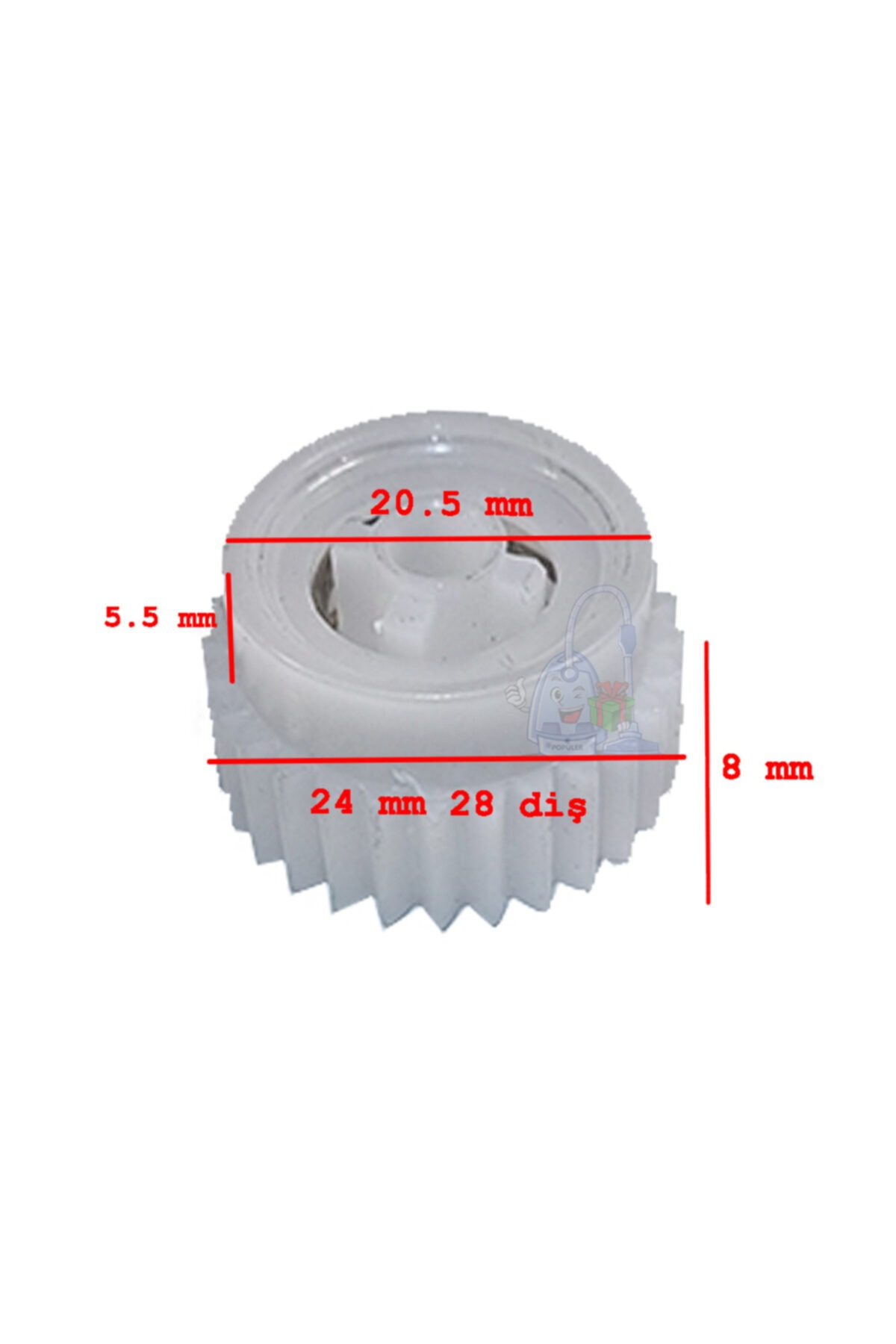 Boyutları olan beyaz bir dişli: 20,5 mm çap, 5,5 mm genişlik, 8 mm yükseklik.