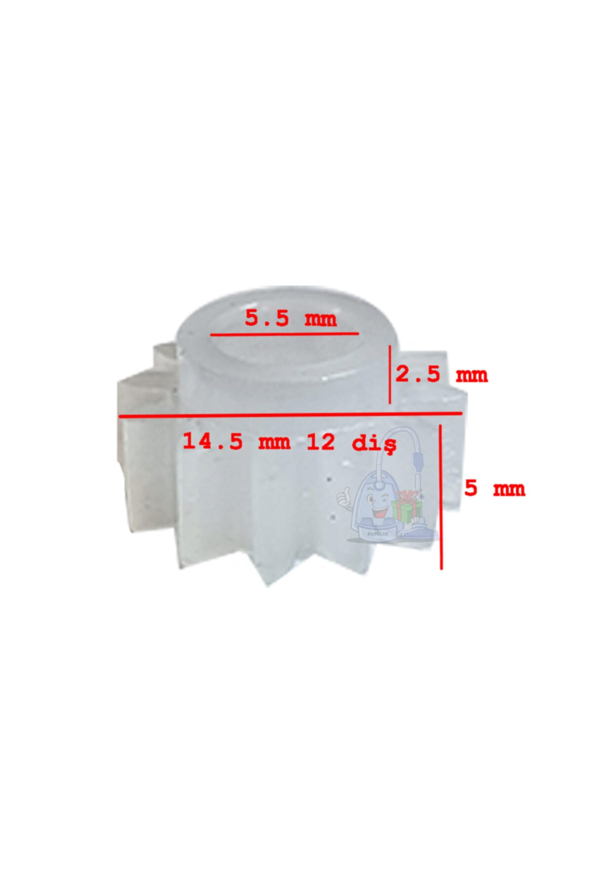 5,5 mm, 2,5 mm, 14,5 mm, 12 mm ölçülerinde beyaz bir dişli.