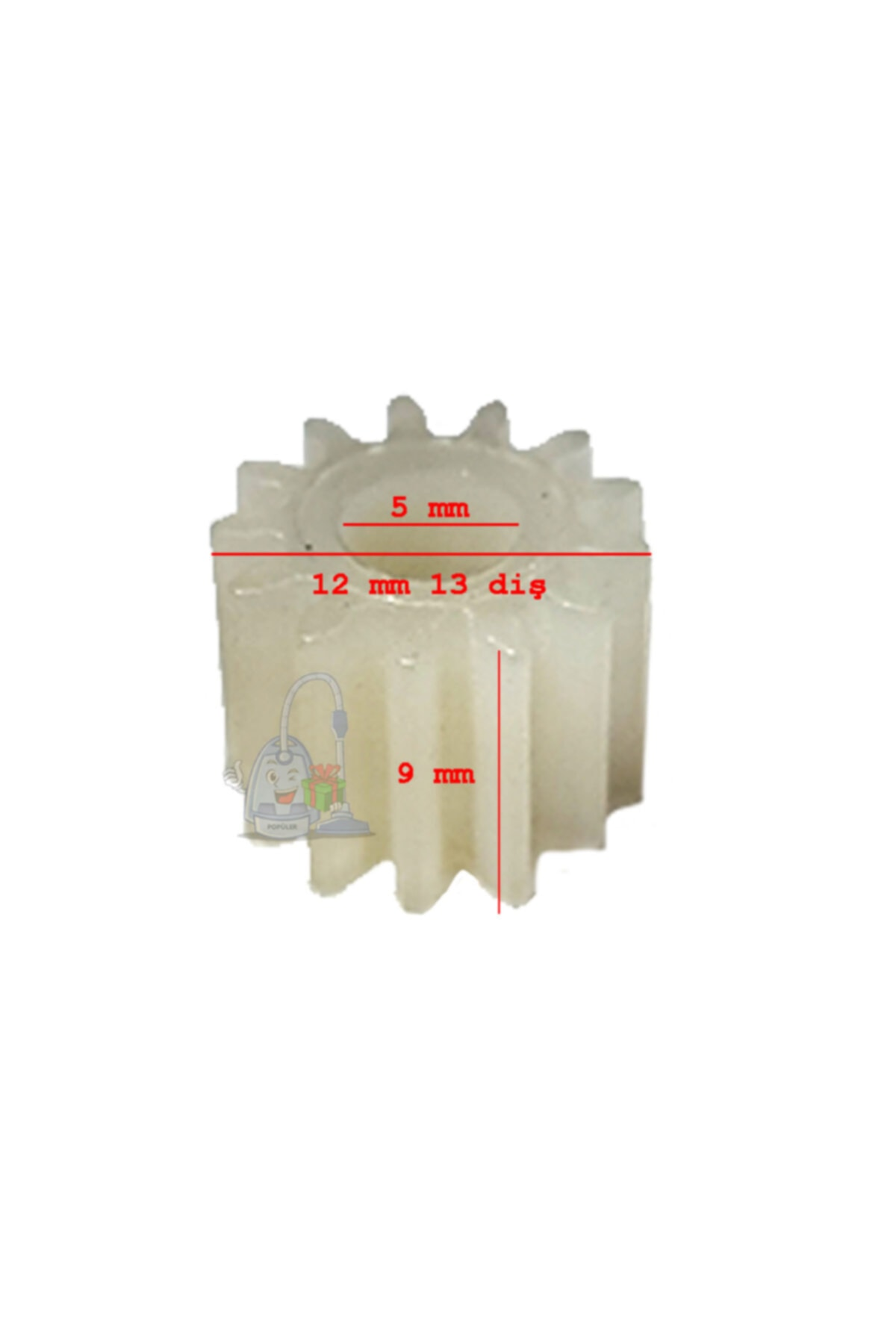 5 mm, 12 mm ve 9 mm boyutlarında beyaz bir dişli.