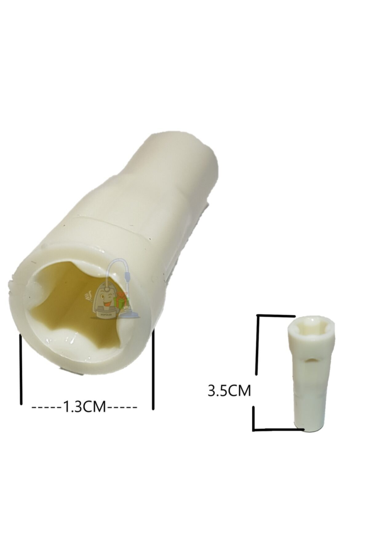 İki beyaz plastik parça. Biri büyük, boru şeklinde, diğeri daha küçük, silindirik.