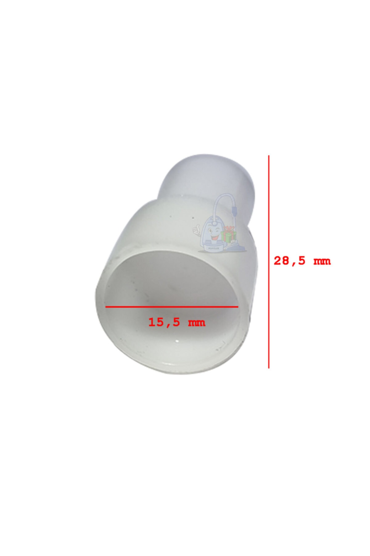 15,5 mm ve 28,5 mm boyutlarında beyaz plastik adaptör.