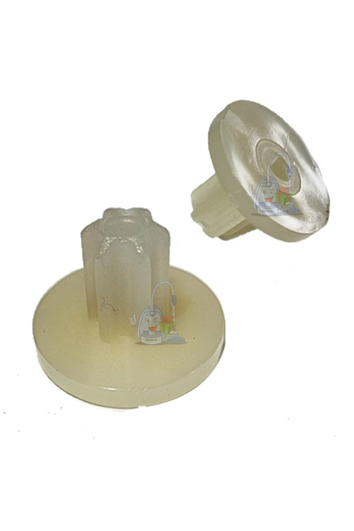 Düz tabanlı ve saplı iki beyaz plastik parça.