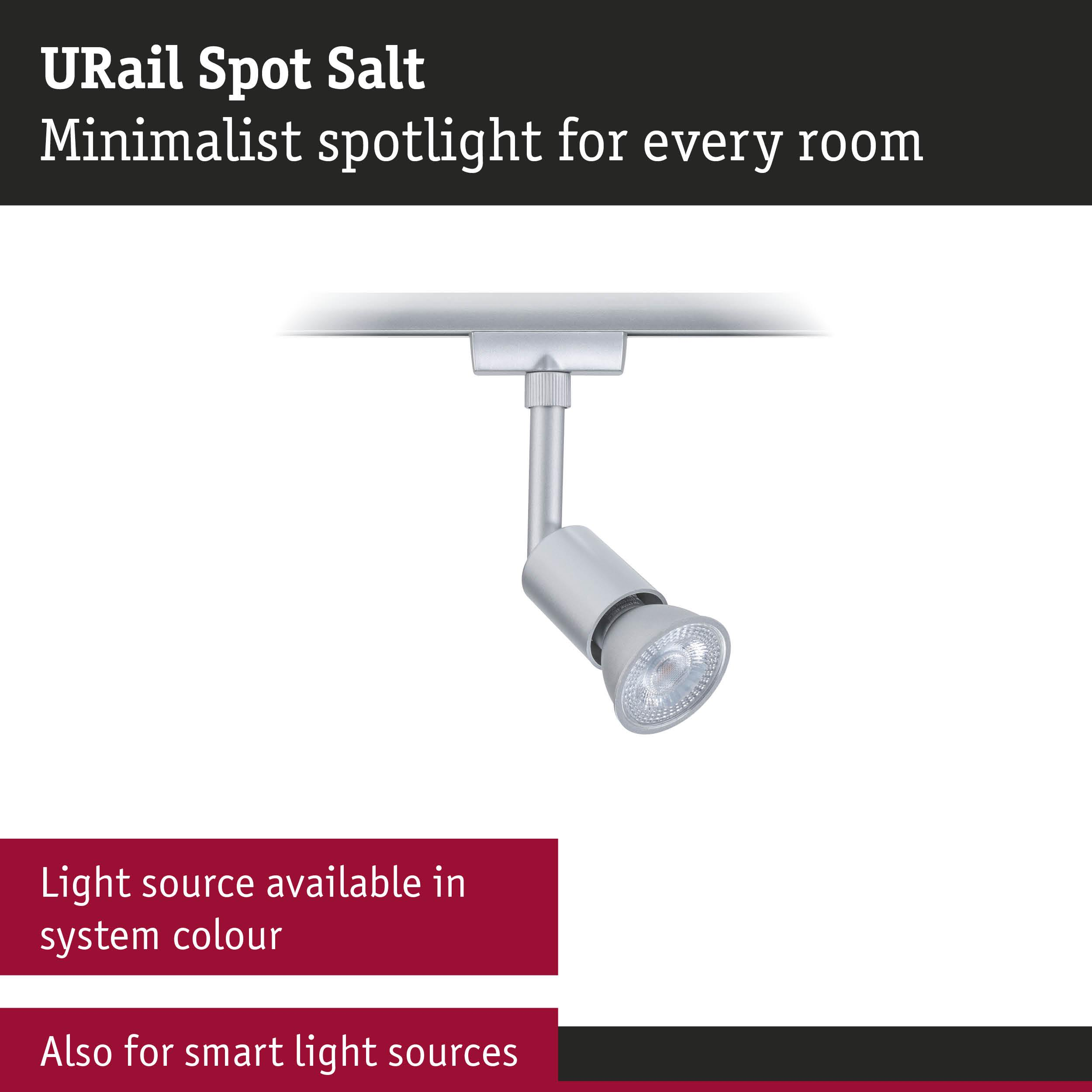 Srebrny reflektor URail ze źródłem światła LED, zamontowany na szynie.
