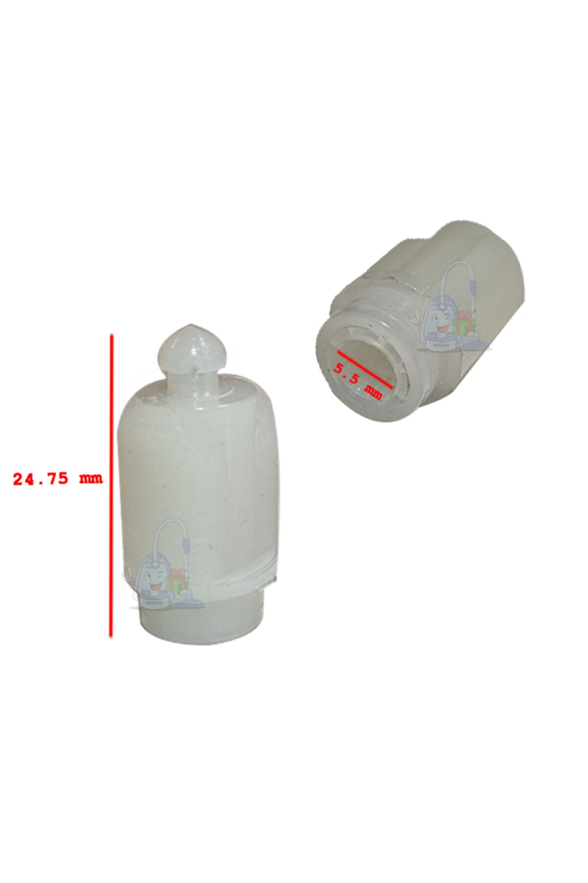 İki beyaz plastik parça, biri 24,75 mm uzunluğunda.