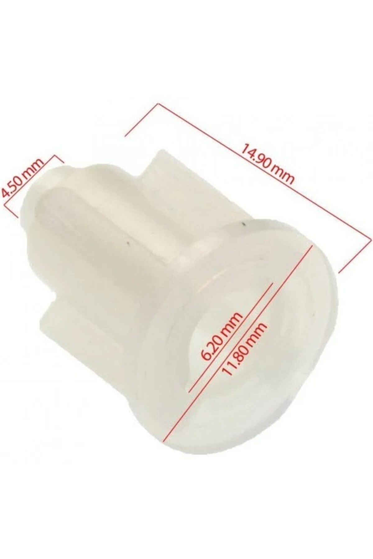 Boyutları: 4,50 mm, 14,90 mm, 6,20 mm, 11,80 mm olan beyaz plastik adaptör.