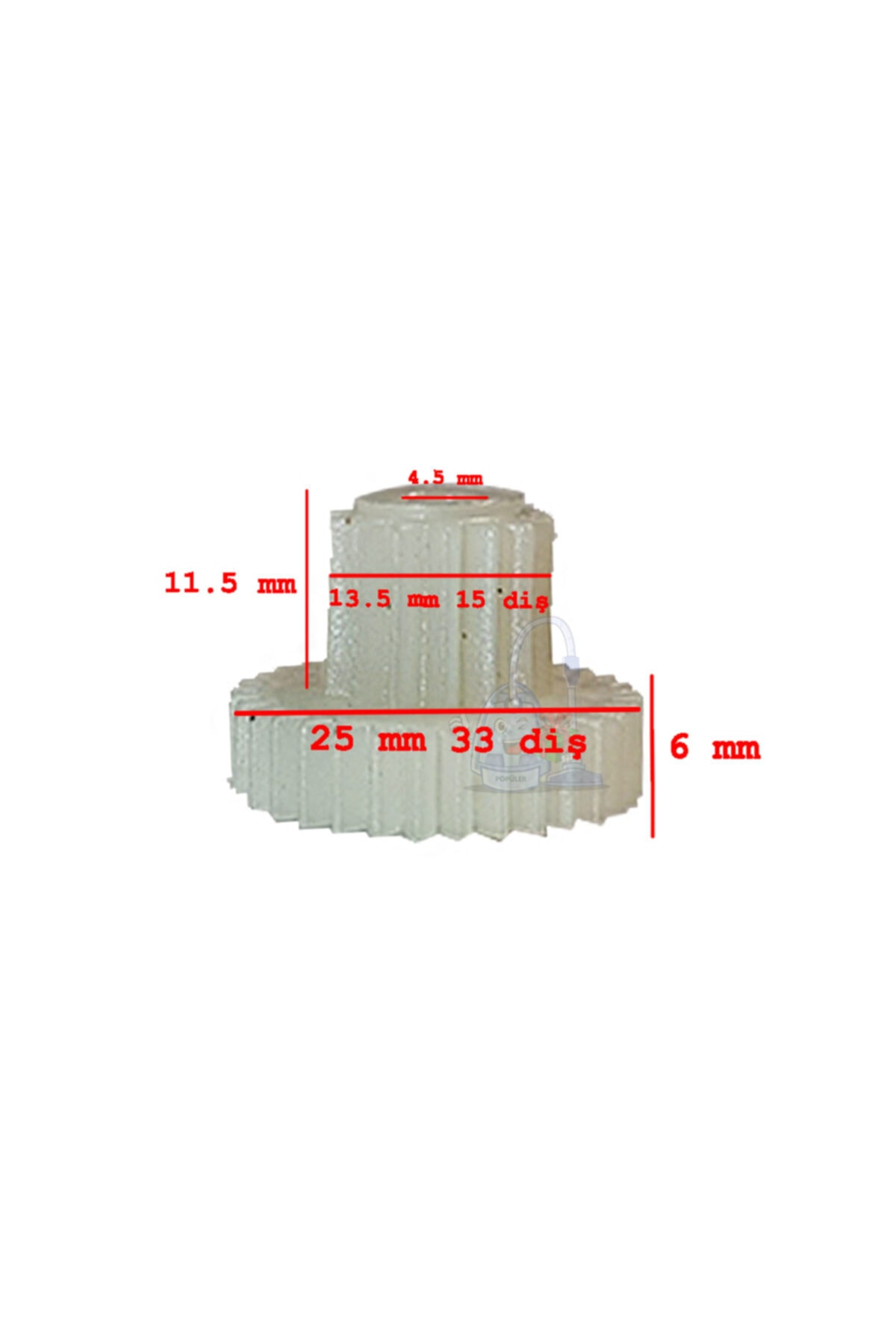 Boyutlu beyaz dişli: 4,5mm, 11,5mm, 13,5mm, 15 diş, 25mm, 33 diş, 6mm.
