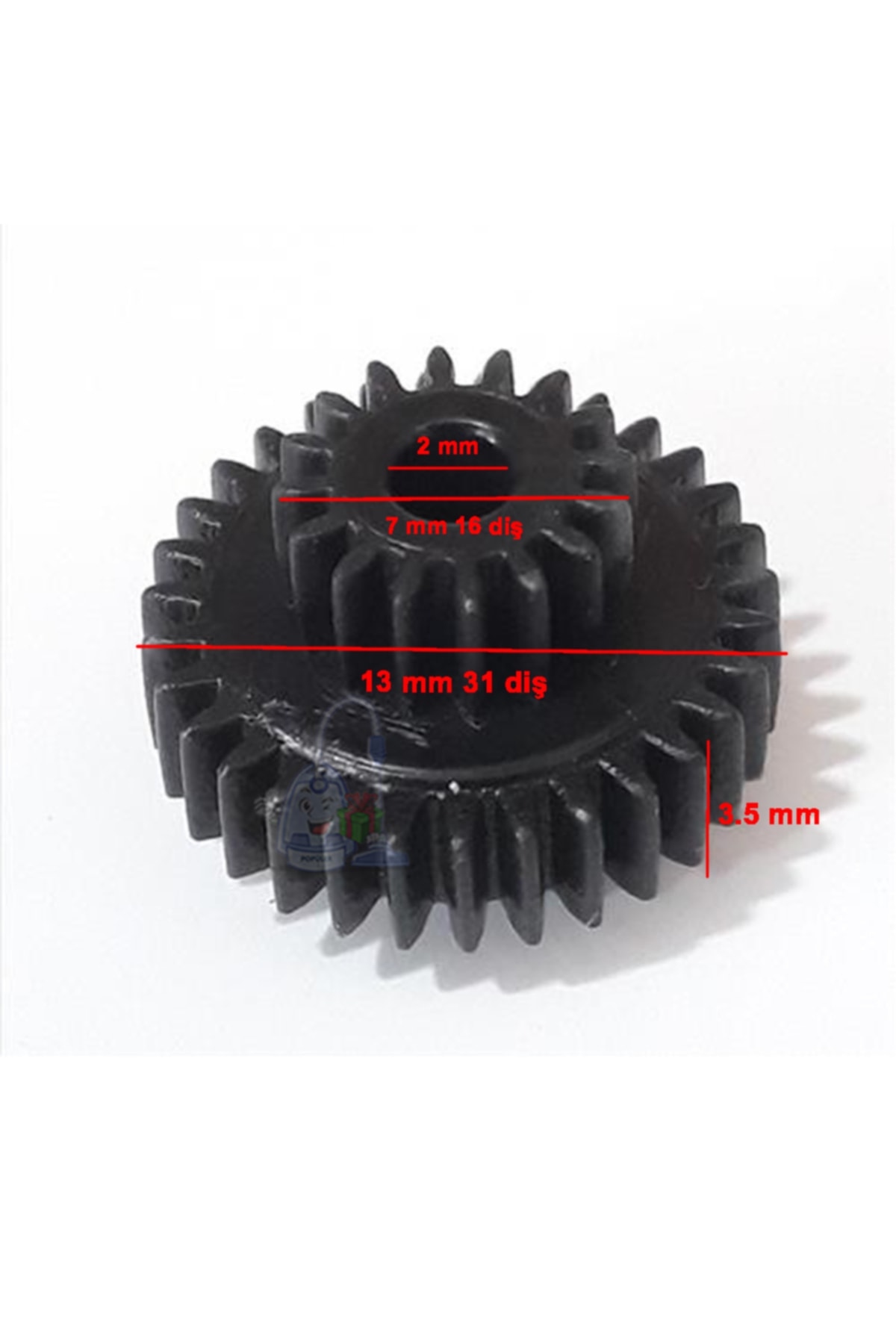 Siyah dişli ölçüleri: 2mm, 7mm 16 diş, 13mm 31 diş, 3.5mm.