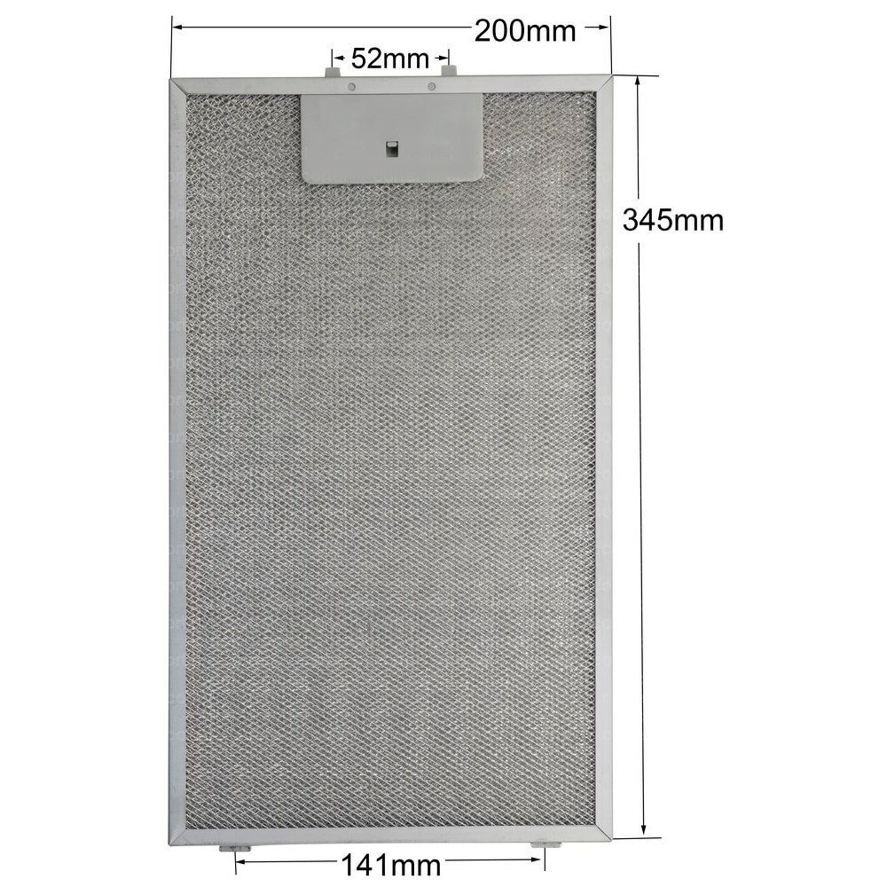 Gümüş renkli, 200x345mm ölçülerinde, kulplu davlumbaz filtresi.
