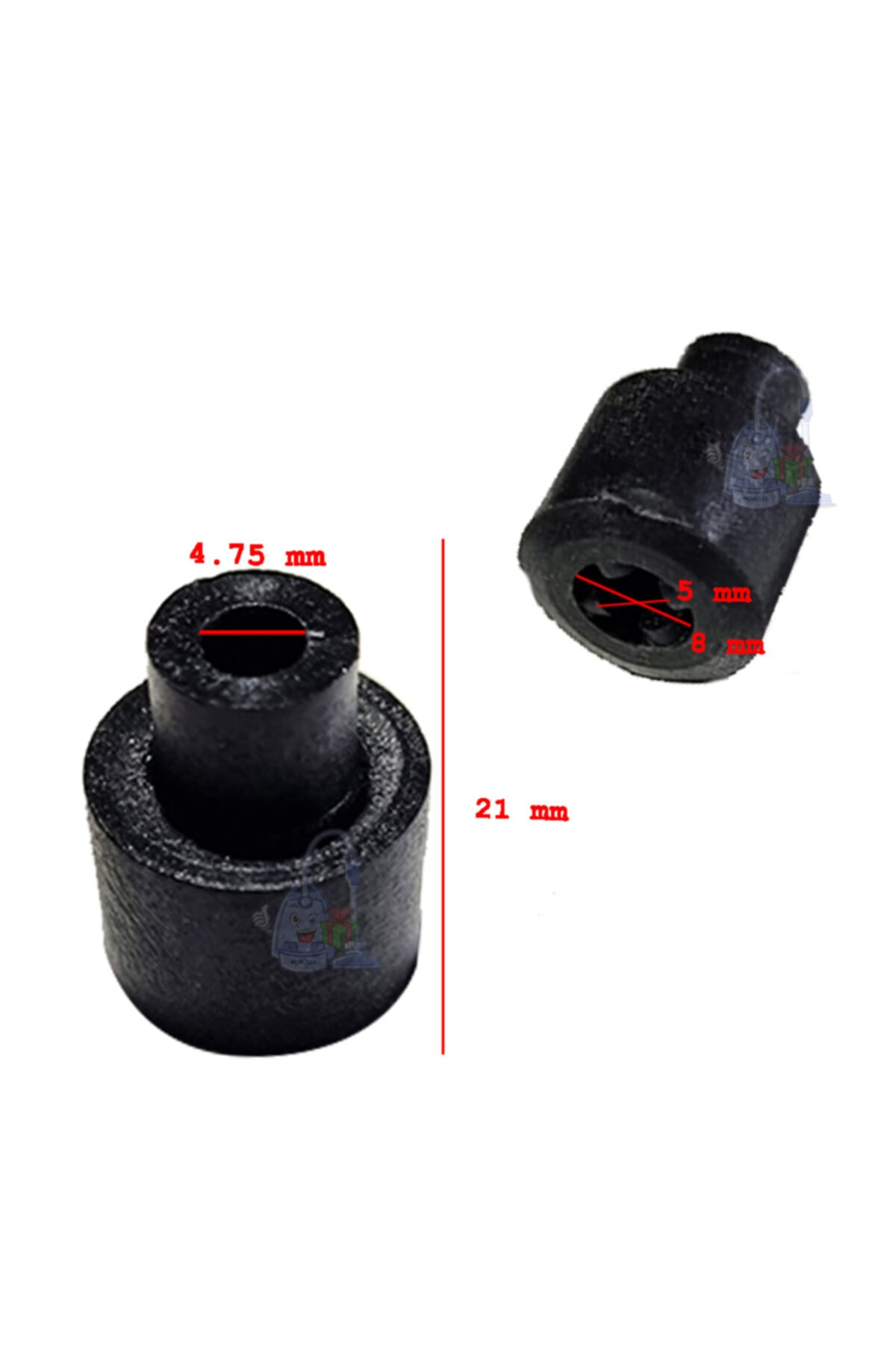Siyah lastik tıpa, 4,75 mm, 5 mm ve 8 mm ölçülerinde, toplam uzunluk 21 mm.