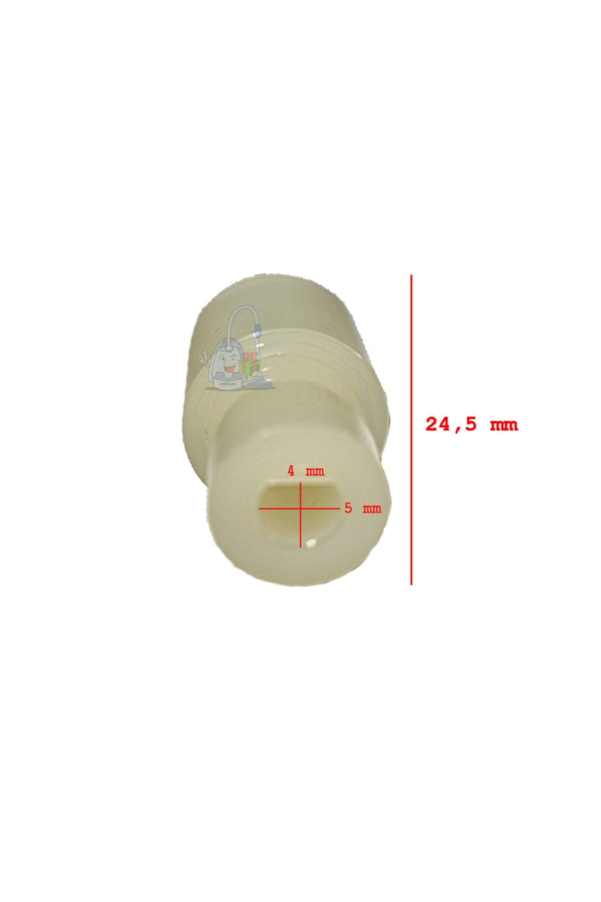 4x5 mm açıklıklı, 24,5 mm uzunluğunda beyaz plastik parça.