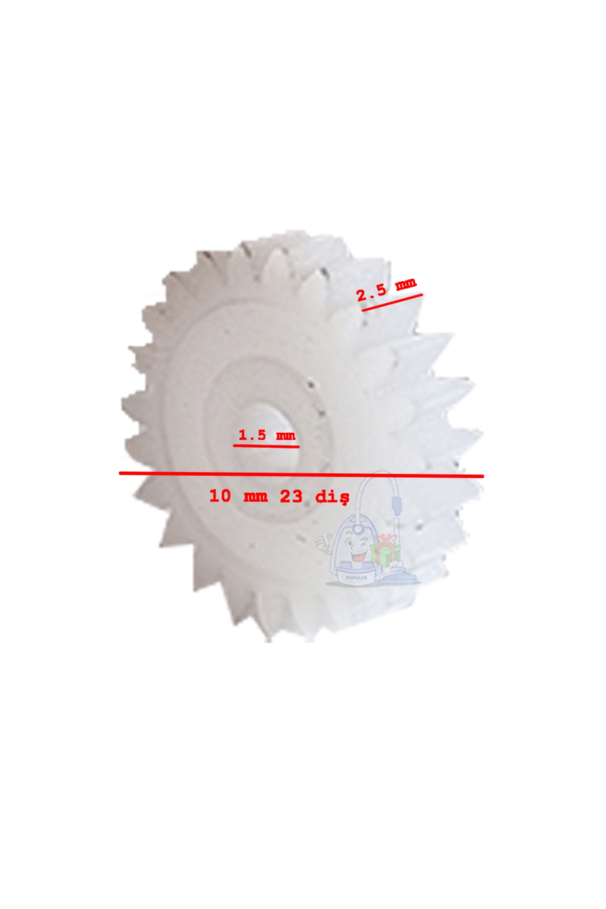 1,5 mm ve 2,5 mm boyutlarında, 10 mm çapında, 23 dişli beyaz dişli.