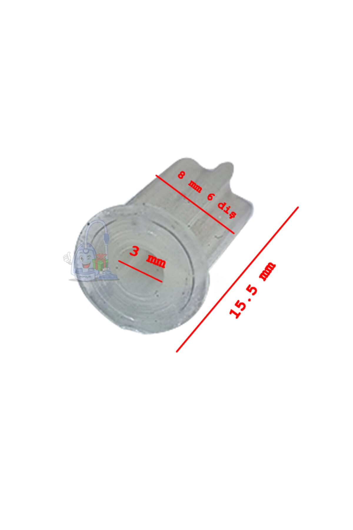 3 mm, 8 mm ve 15,5 mm boyutlarında şeffaf plastik parça.