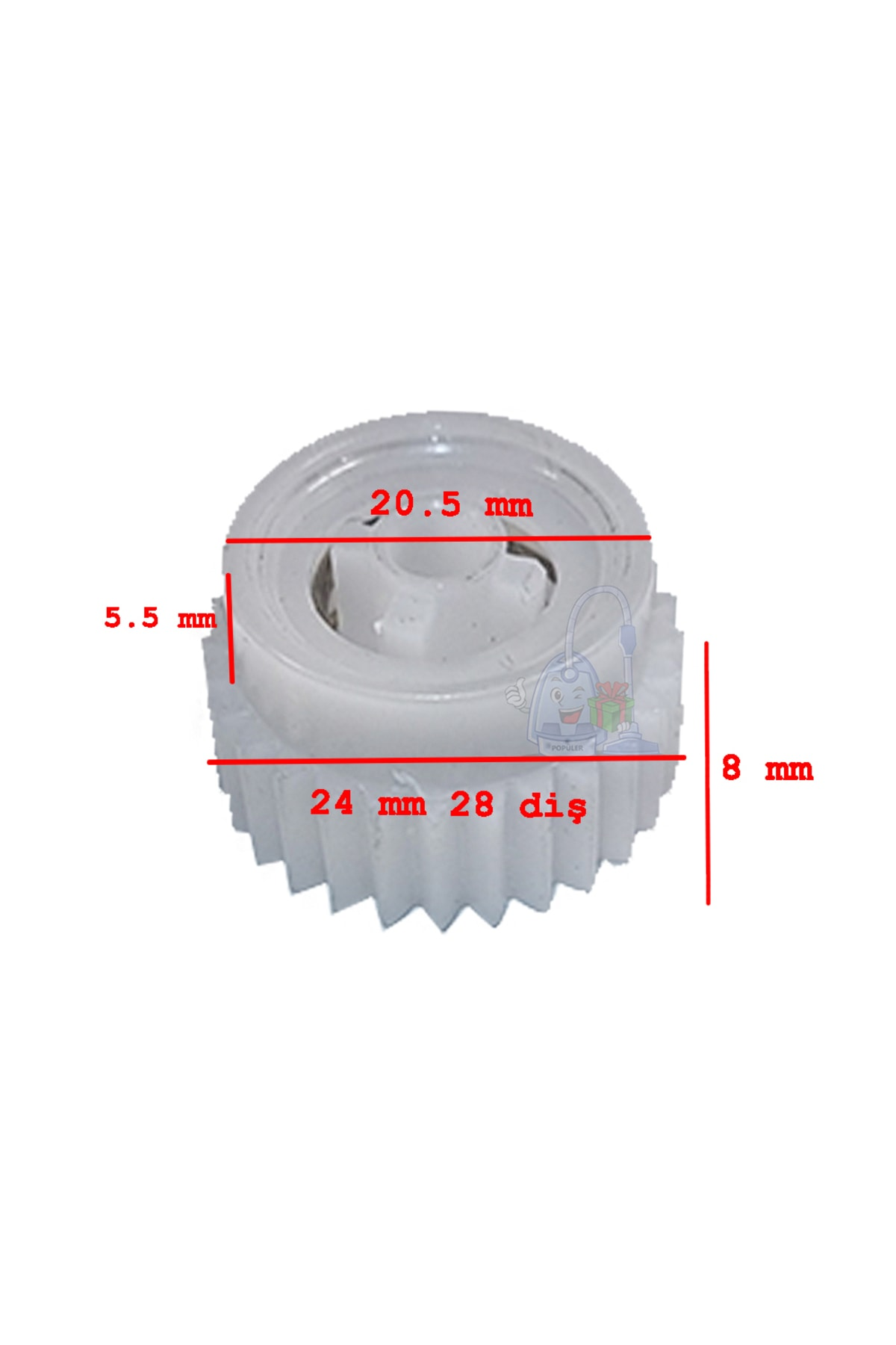 Ölçülerle beyaz bir dişli: 20,5 mm çap, 5,5 mm yükseklik, 8 mm kalınlık.