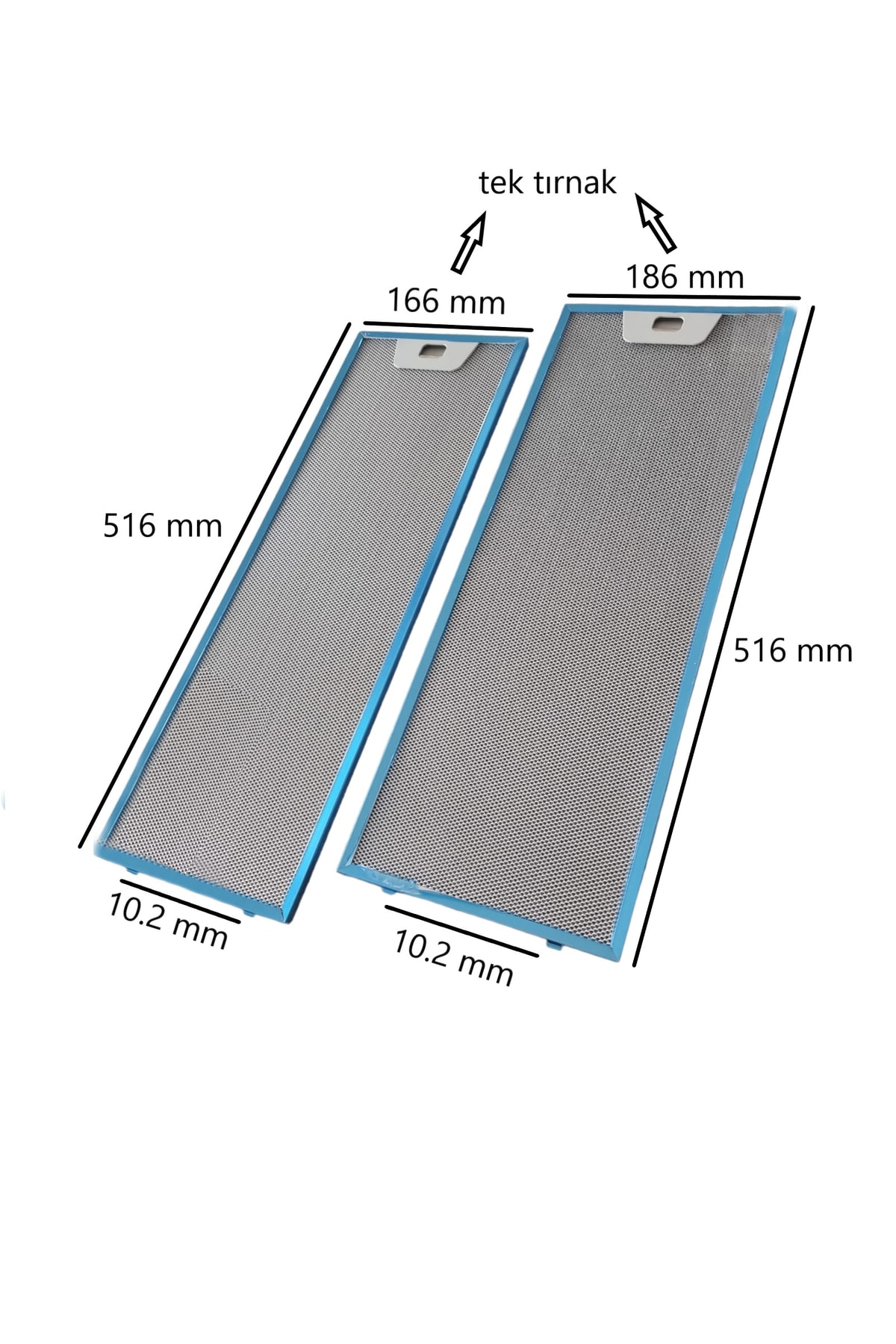 Mavi çerçeveli iki gümüş metal filtre, boyutları gösterilmektedir.