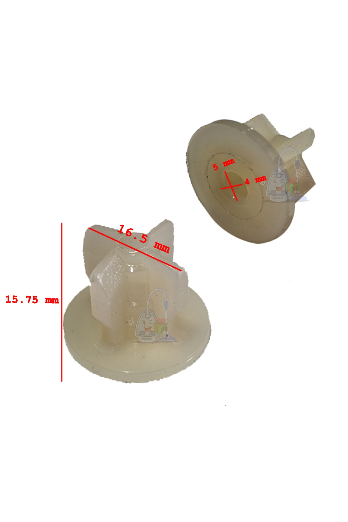 İki beyaz plastik parça, biri 15,75 mm ve 16,5 mm boyutlarında.
