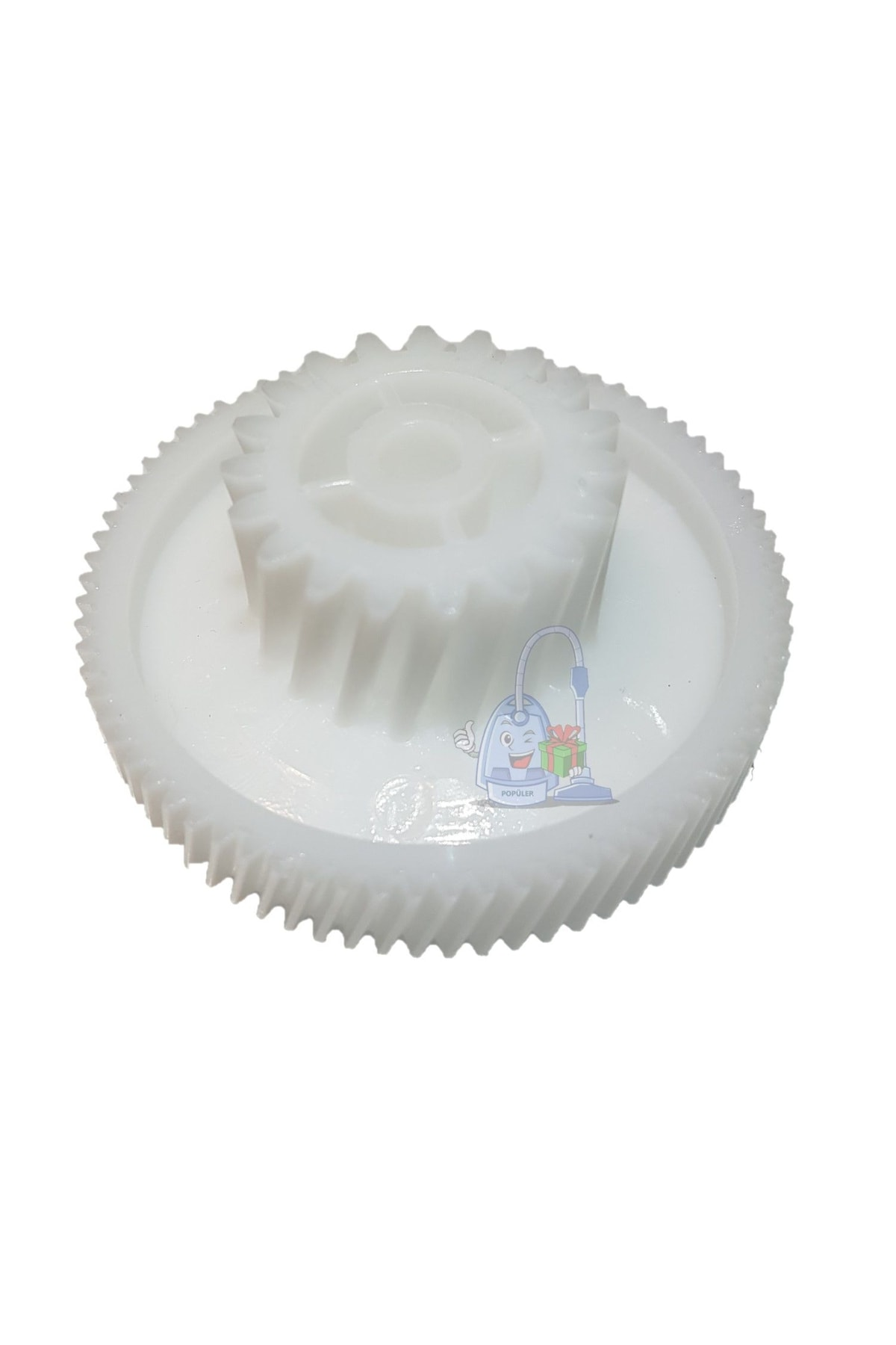 Farklı dişlere sahip iki beyaz plastik dişli üst üste monte edilmiştir.