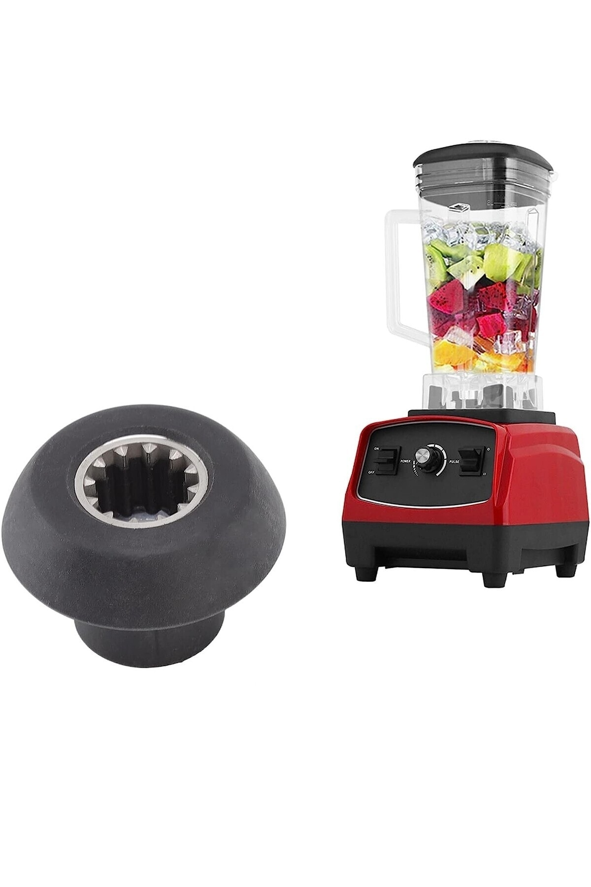 Siyah blender ayağı ve meyve ve buzlu kırmızı blender.