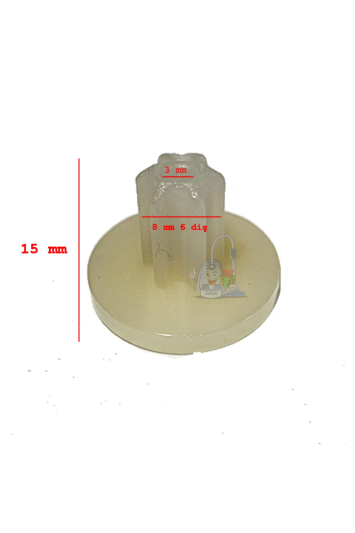 3 mm, 8 mm ve 15 mm ölçü işaretlerine sahip beyaz plastik klips.