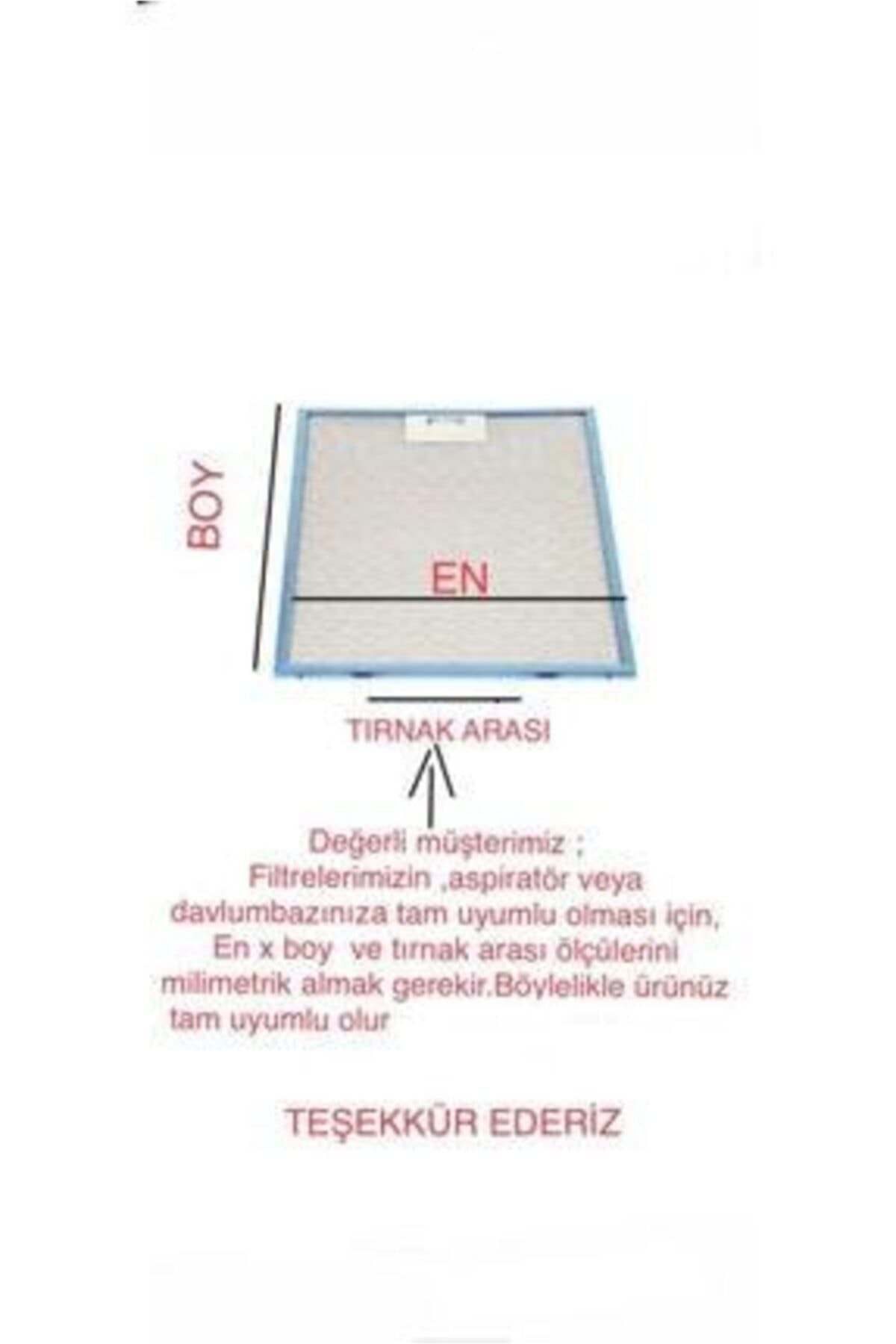 Boyutlar ve Türkçe metin içeren gri bir davlumbaz filtresi.