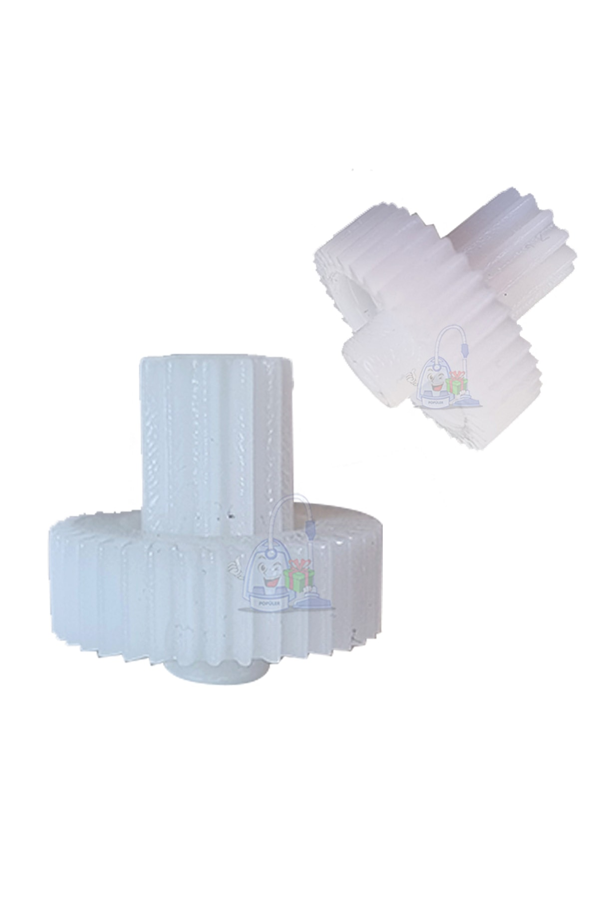 Silindirik bir bağlantı parçasına sahip daha büyük bir adet olmak üzere iki beyaz plastik dişli.