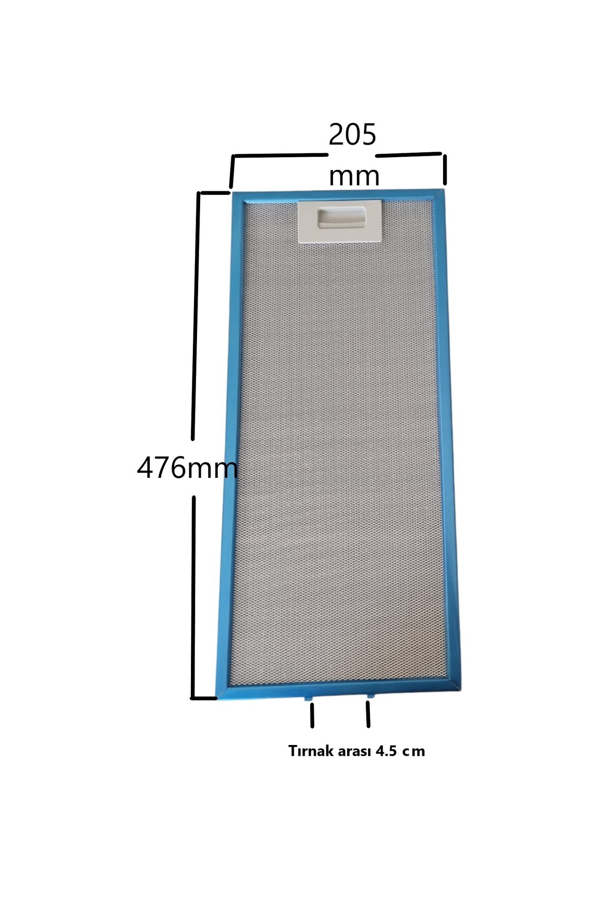 Mavi davlumbaz filtresi 205x476 mm, 4,5 cm klips aralığı.