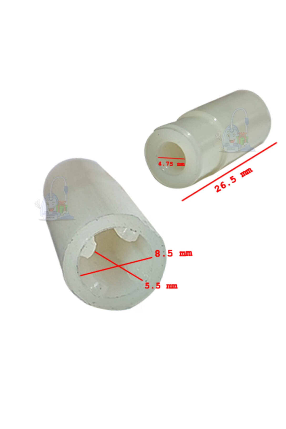 Ölçülerle iki beyaz plastik parça: 26,5 mm, 8,5 mm, 5,5 mm ve 4,75 mm.