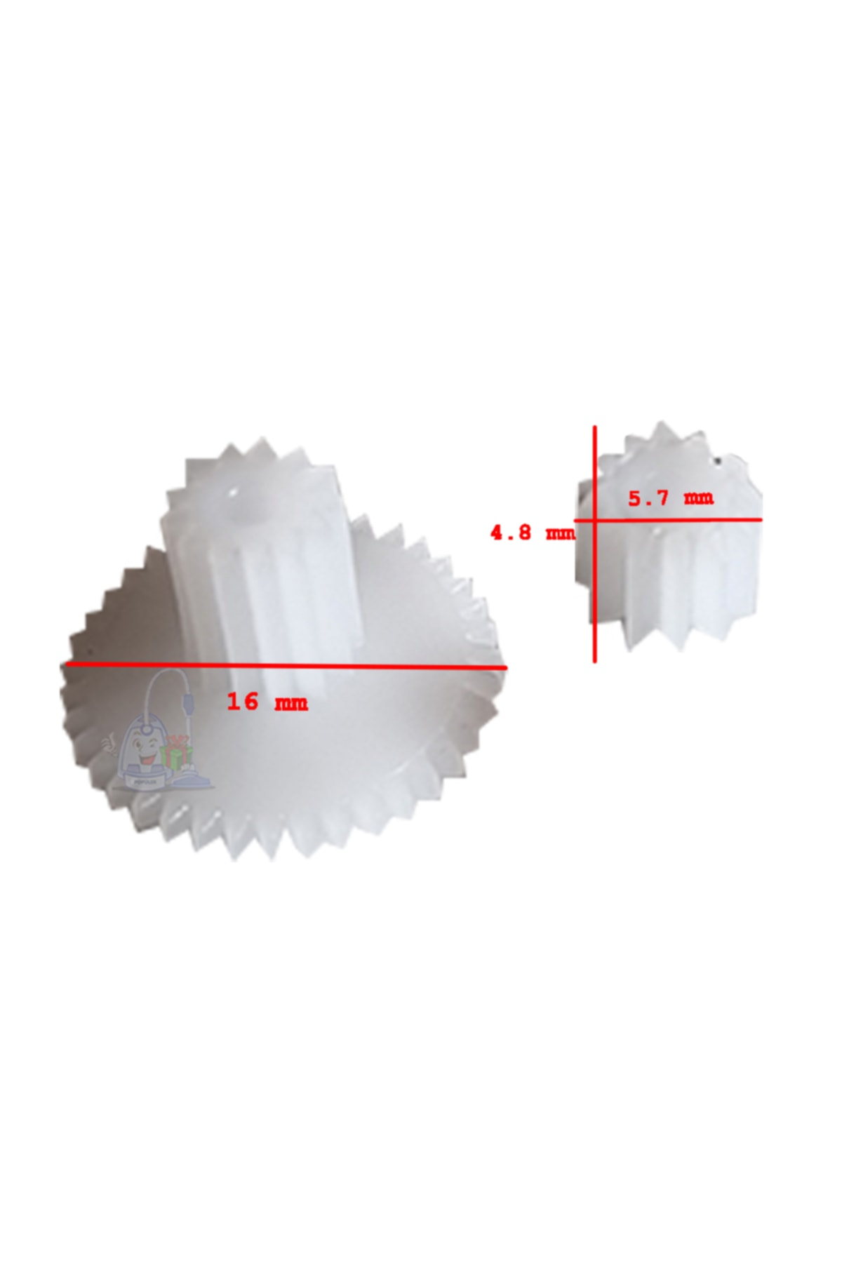 16 mm ve 4,8 x 5,7 mm ölçülerinde iki beyaz plastik dişli.