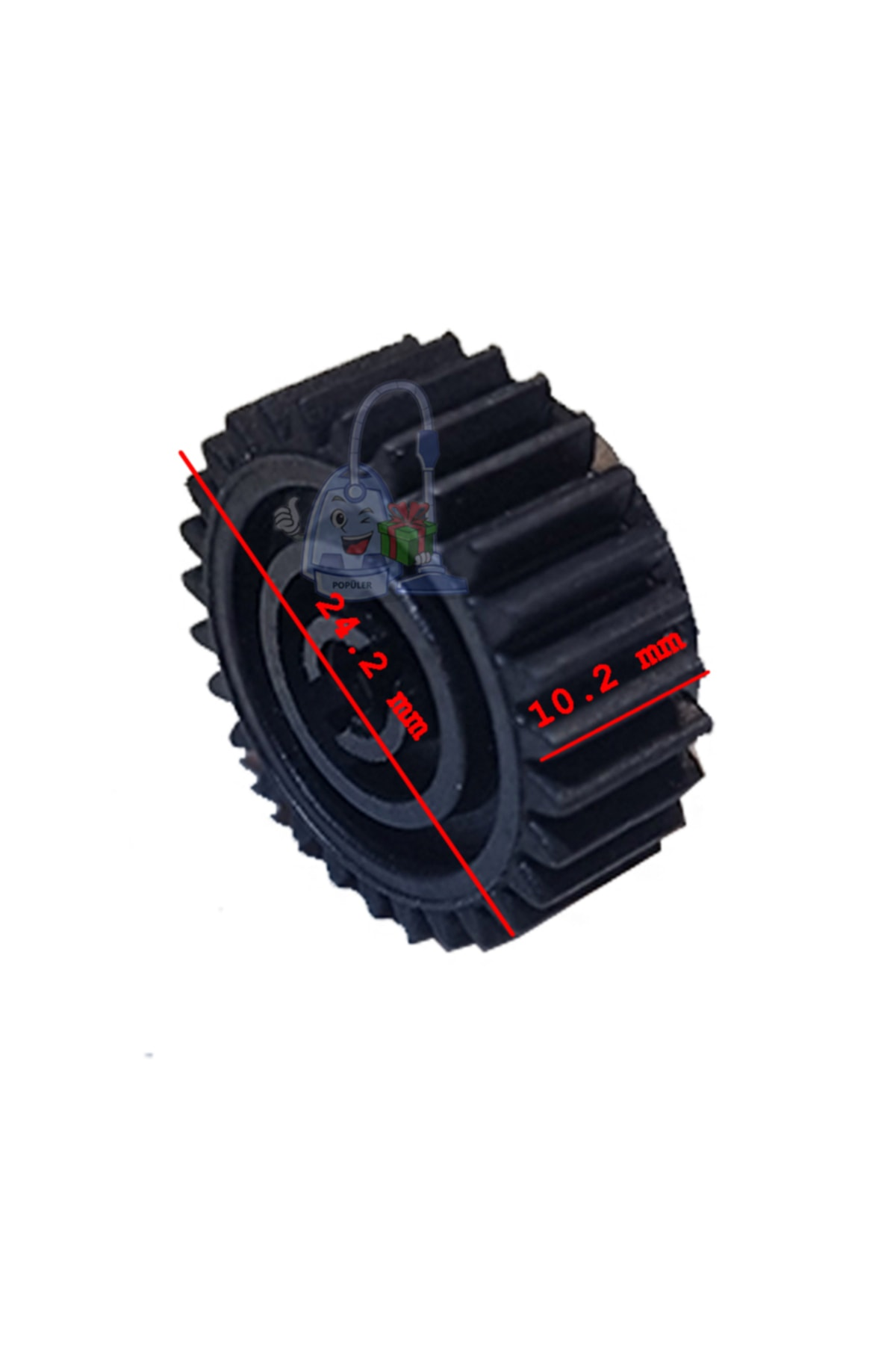 Logo içeren, 24,2 mm ve 10,2 mm boyutlarında siyah dişli.