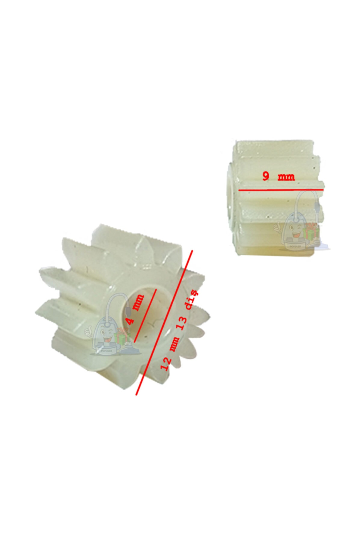 Boyutları 4mm, 9mm ve 13mm olan iki beyaz dişli.