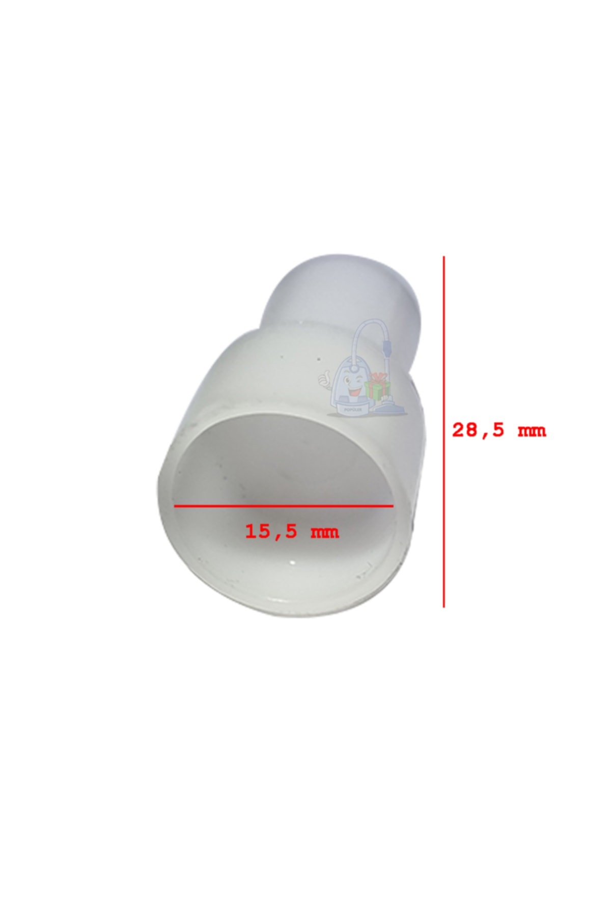 15,5 mm ve 28,5 mm boyutlarında beyaz plastik adaptör.