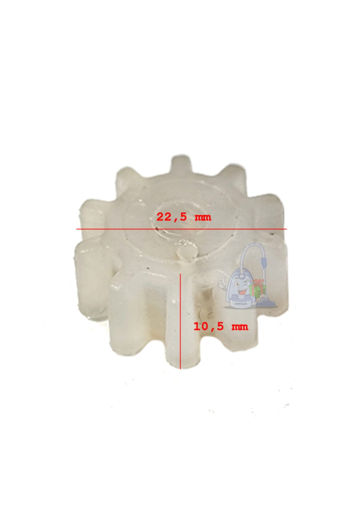 22,5 mm ve 10,5 mm boyutlarında beyaz bir dişli.