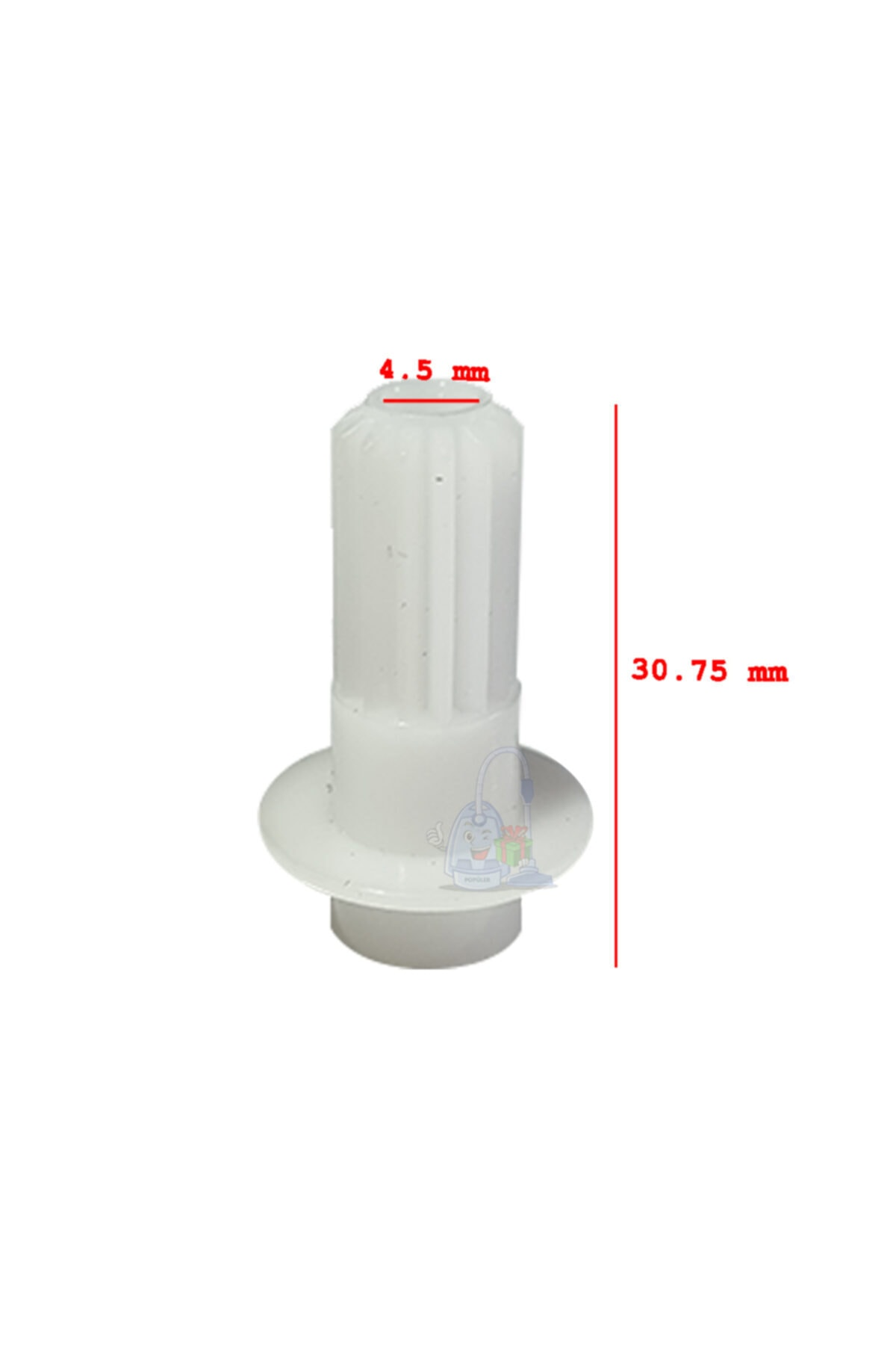 Yivli yüzeyli ve flanşlı beyaz plastik silindir.