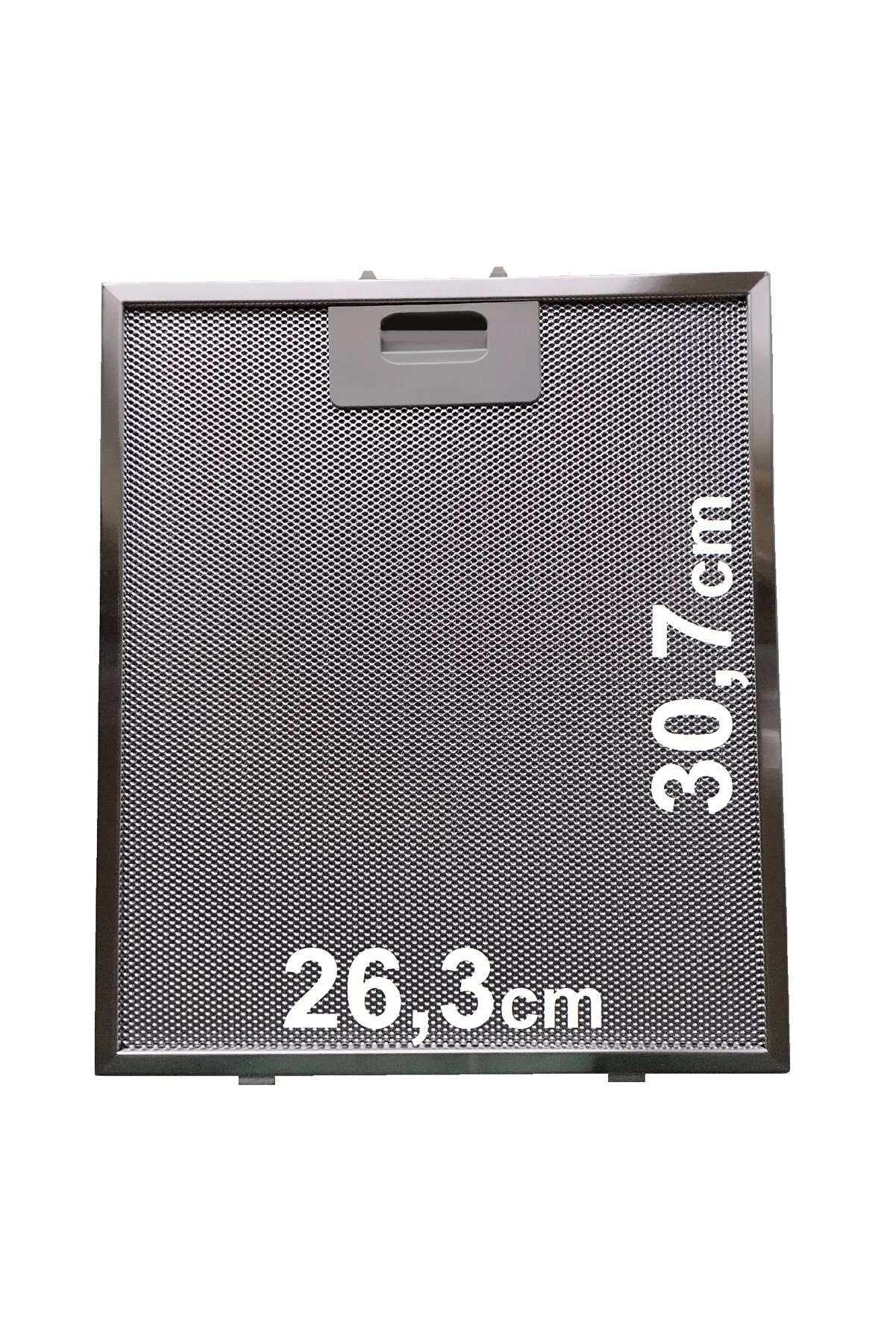26,3 cm ve 30,7 cm boyutlarında, gri saplı metal tel filtre.