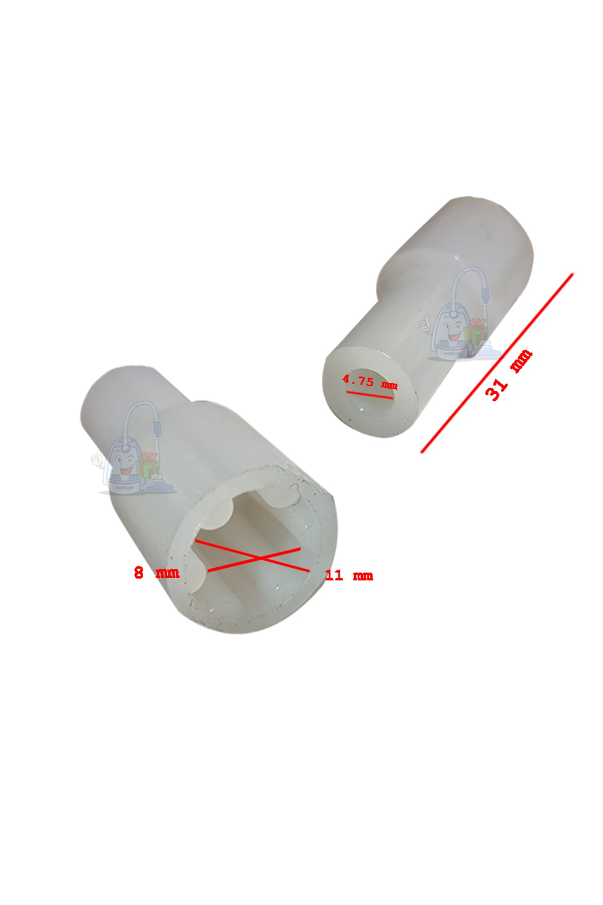 Boyutları belirtilmiş iki beyaz plastik parça: 8mm, 11mm ve 31mm.