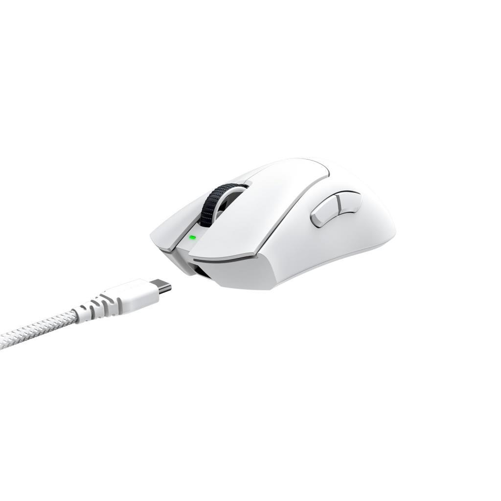 Siyah tekerlekli ve USB-C kablolu beyaz oyuncu faresi.