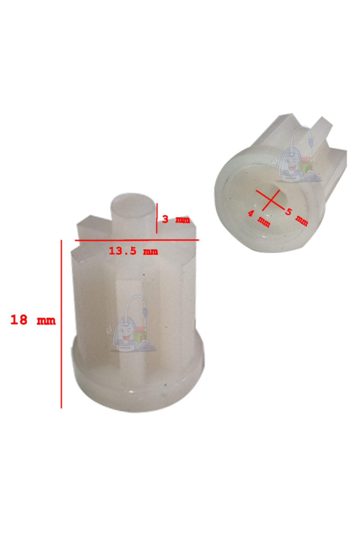 Beyaz plastik parçalar boyutlarla: 18mm, 13,5mm, 3mm, 4mm, 5mm.