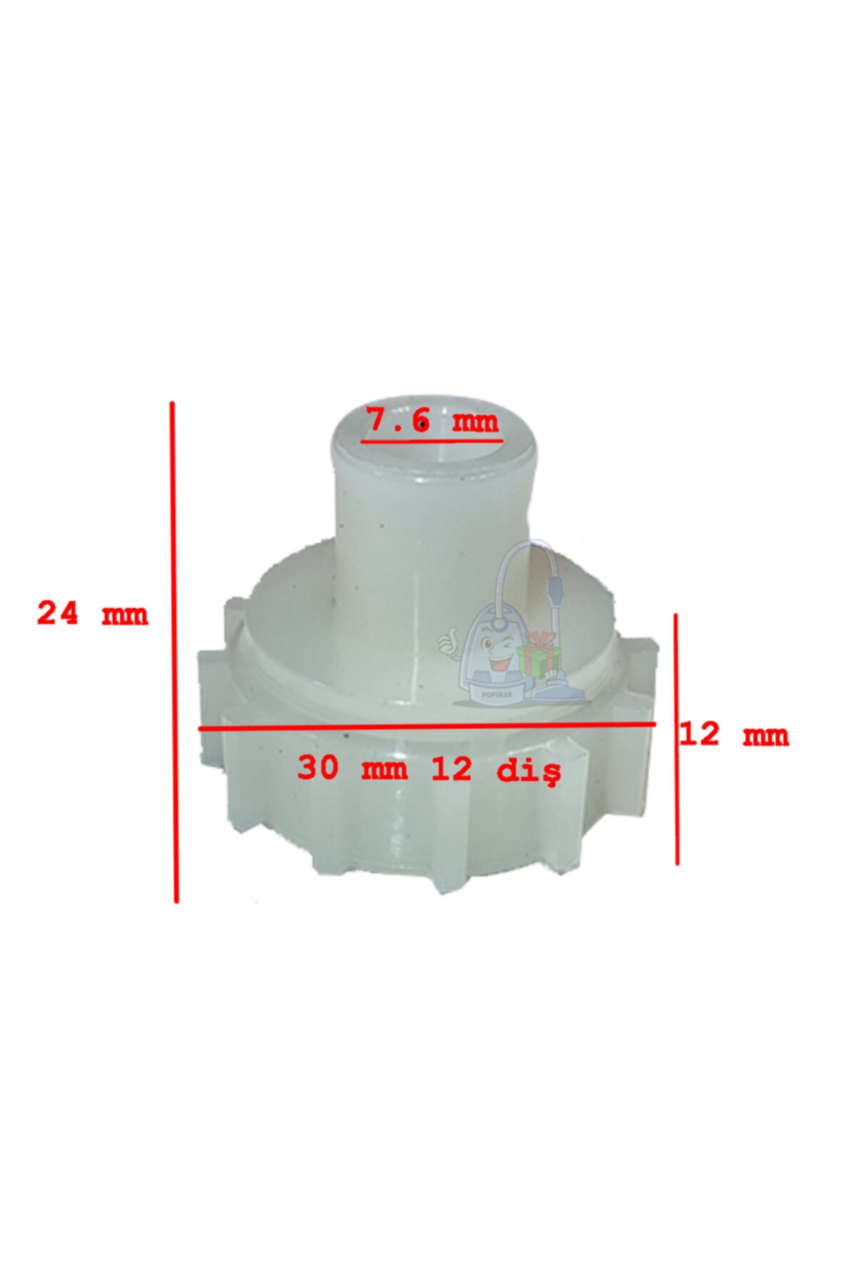 Beyaz plastik parça boyutları: 24mm, 7,6mm, 30mm, 12mm.