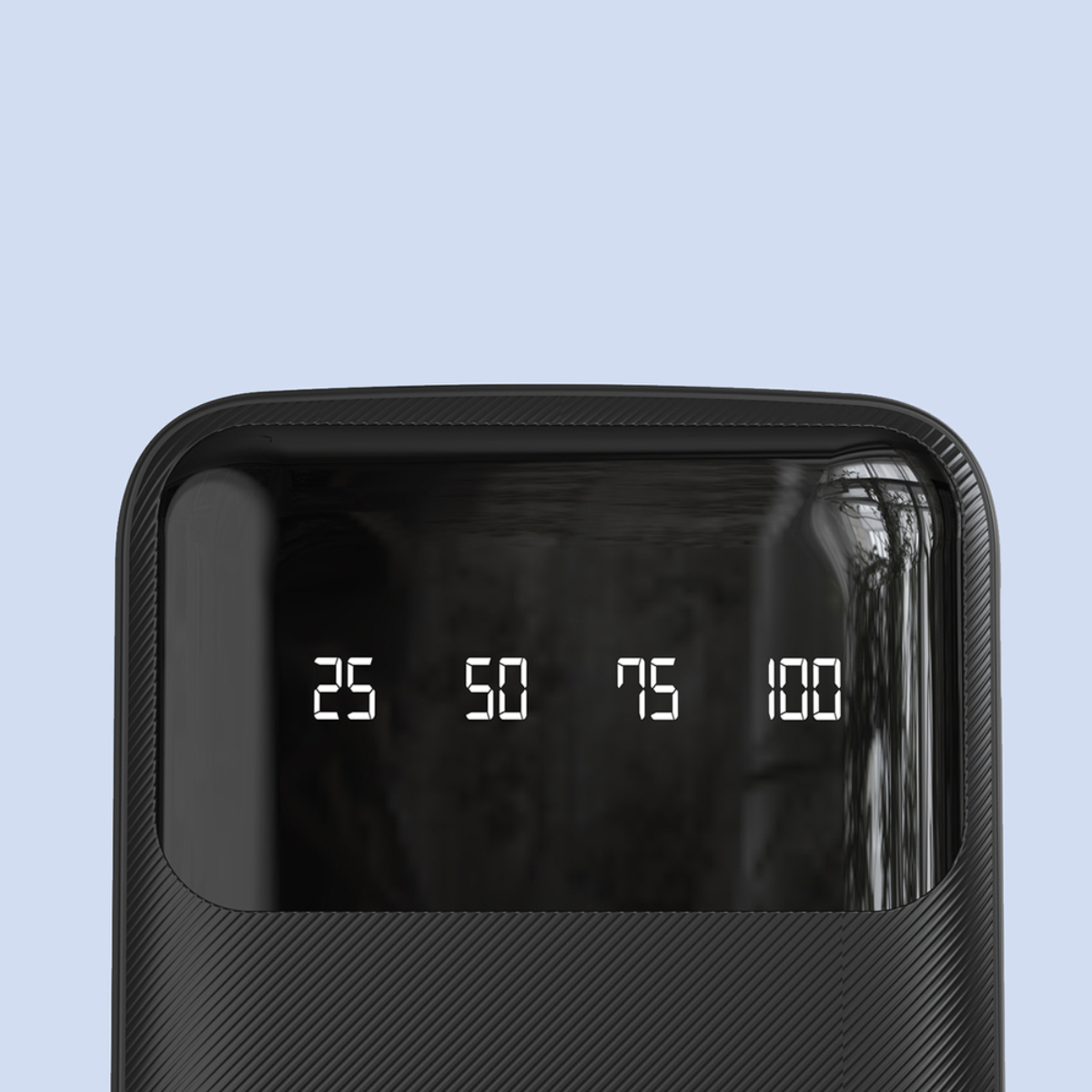Ein schwarzes Ladegerät mit digitalen Prozentanzeigen 25, 50, 75, 100.