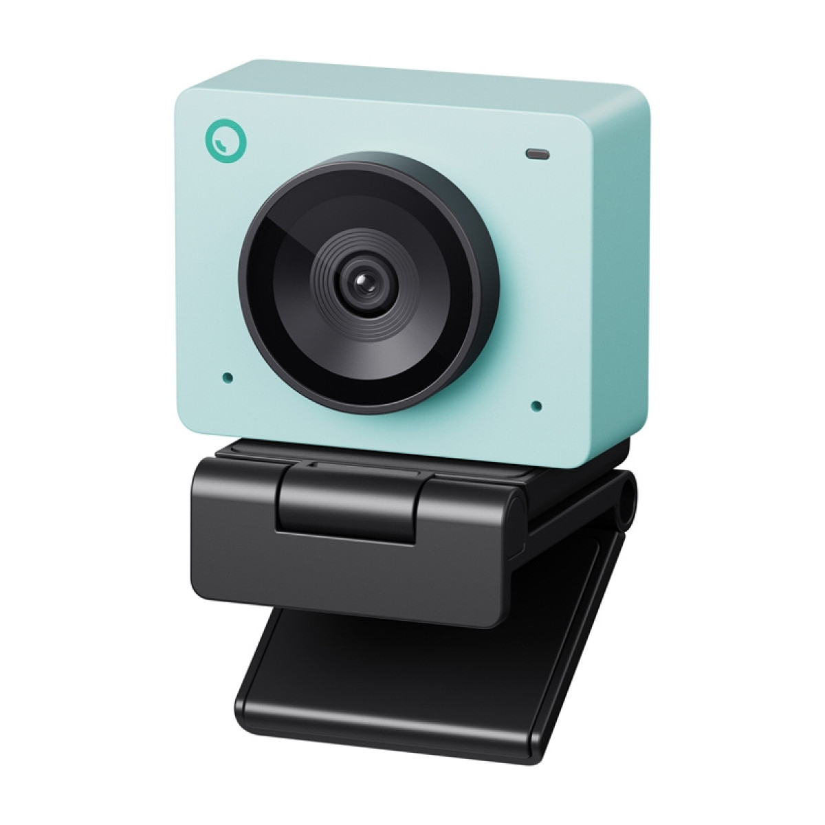 Une webcam bleu clair avec un objectif noir et un clip réglable.