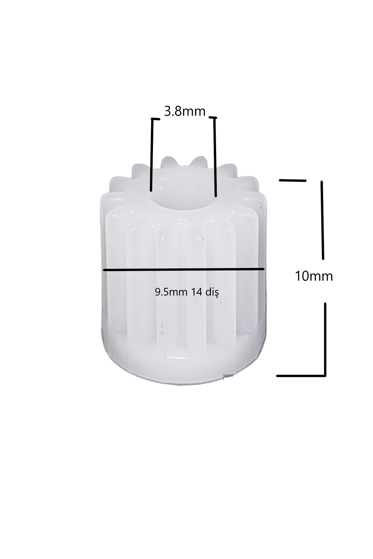 3,8 mm, 9,5 mm ve 10 mm boyutlarında beyaz bir dişli.