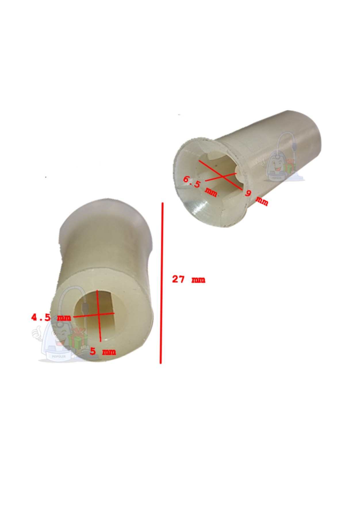 Boyutları olan iki beyaz plastik parça, biri 4,5 mm ve 5 mm, diğeri 6,5 mm ve 9 mm.