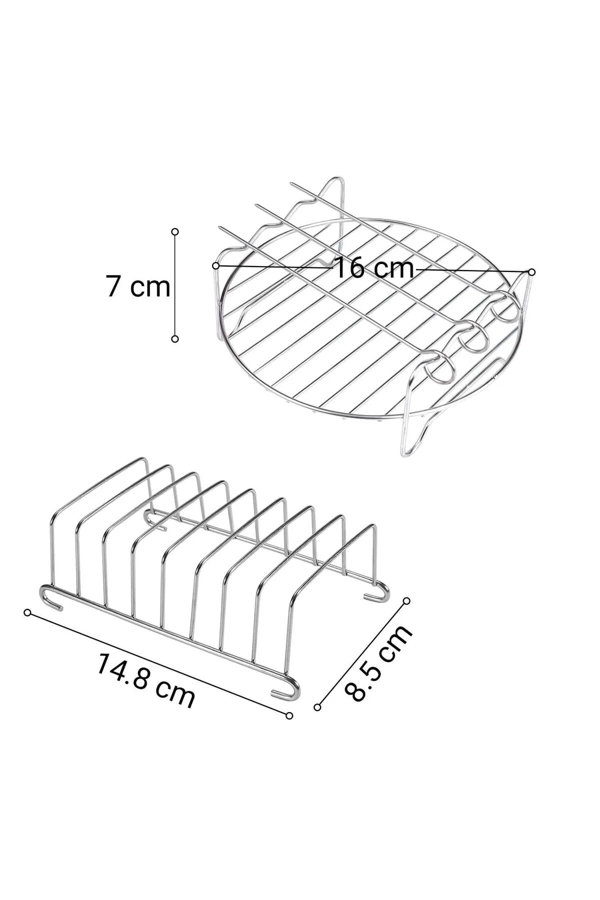 İki gümüş metal raf, biri yuvarlak (16cm) diğeri dikdörtgen (14,8cm).