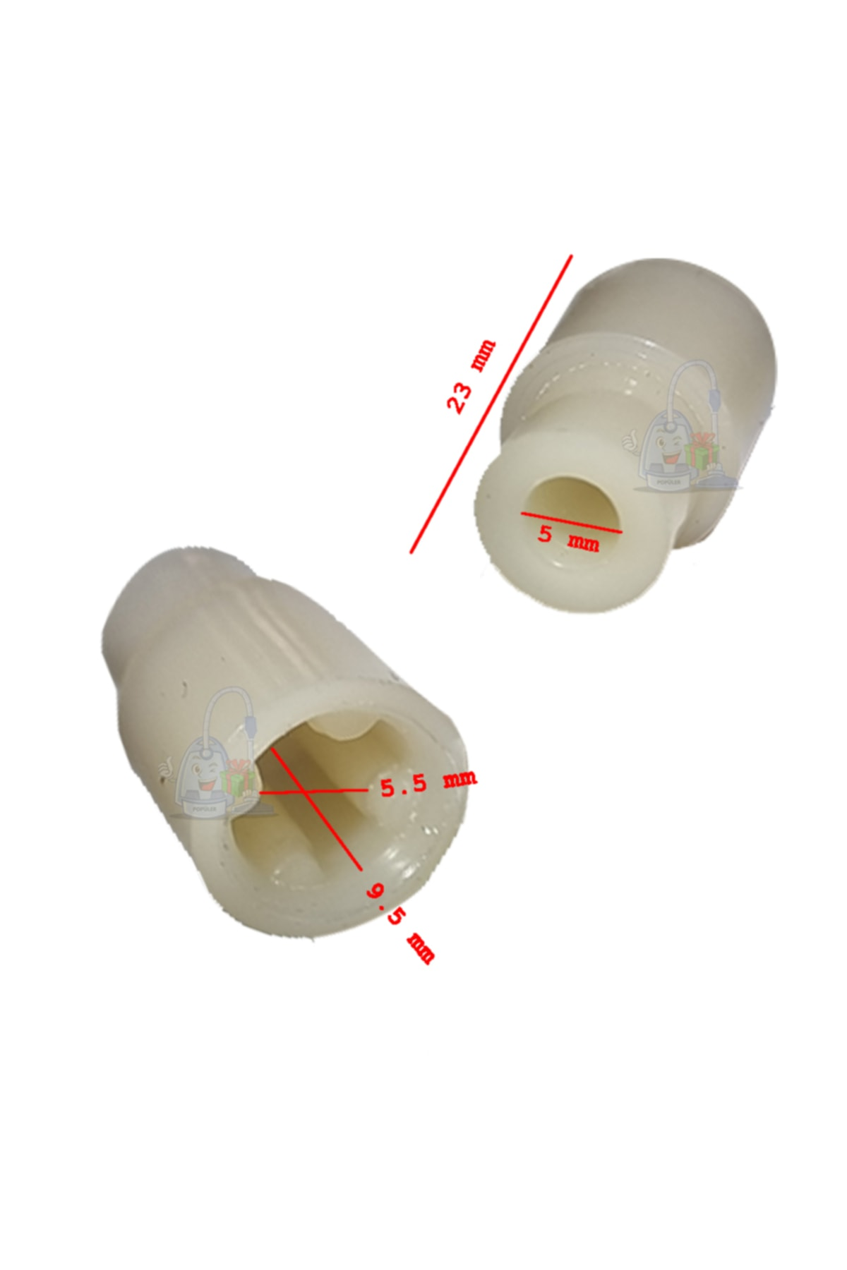 Ölçülerle iki beyaz plastik parça: 23 mm, 5 mm, 5,5 mm ve 9,5 mm.