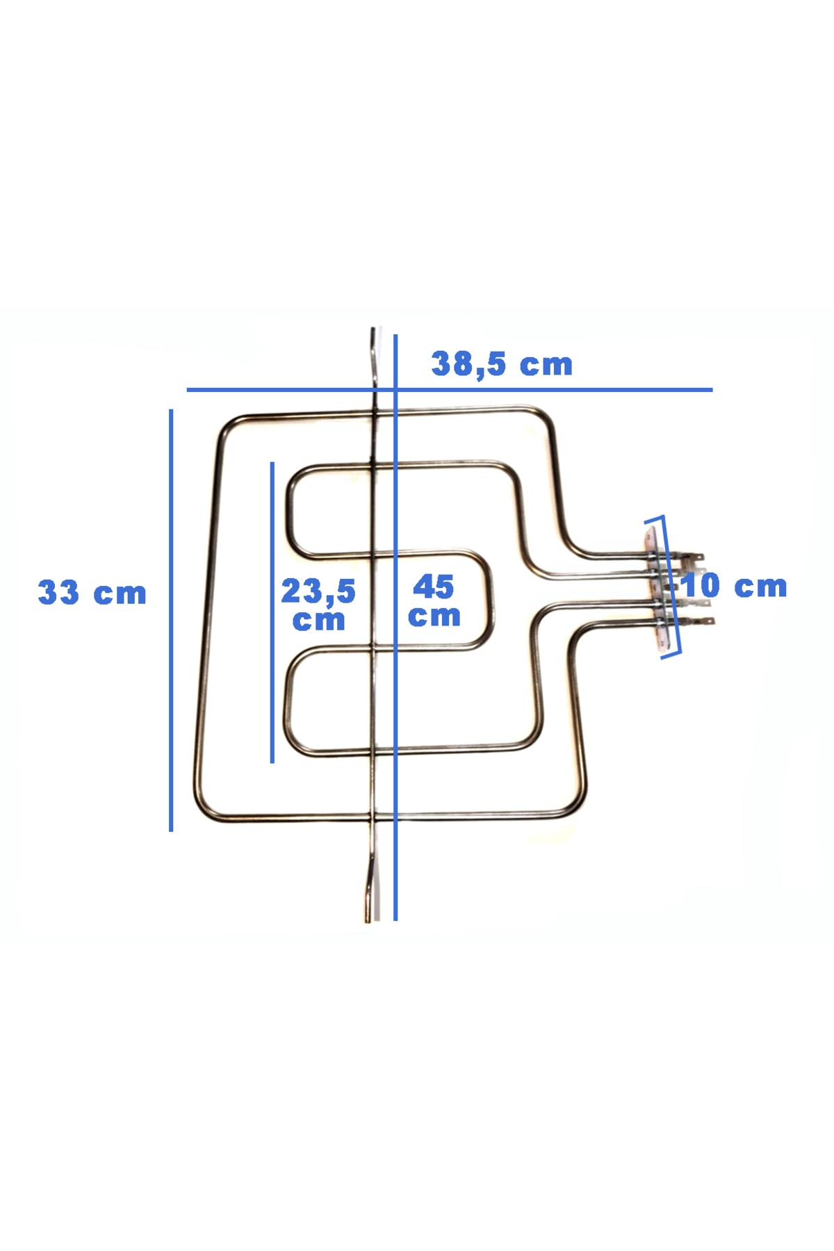 Gümüş ısıtma elemanı boyutları: 38,5 cm, 33 cm ve 23,5 cm.