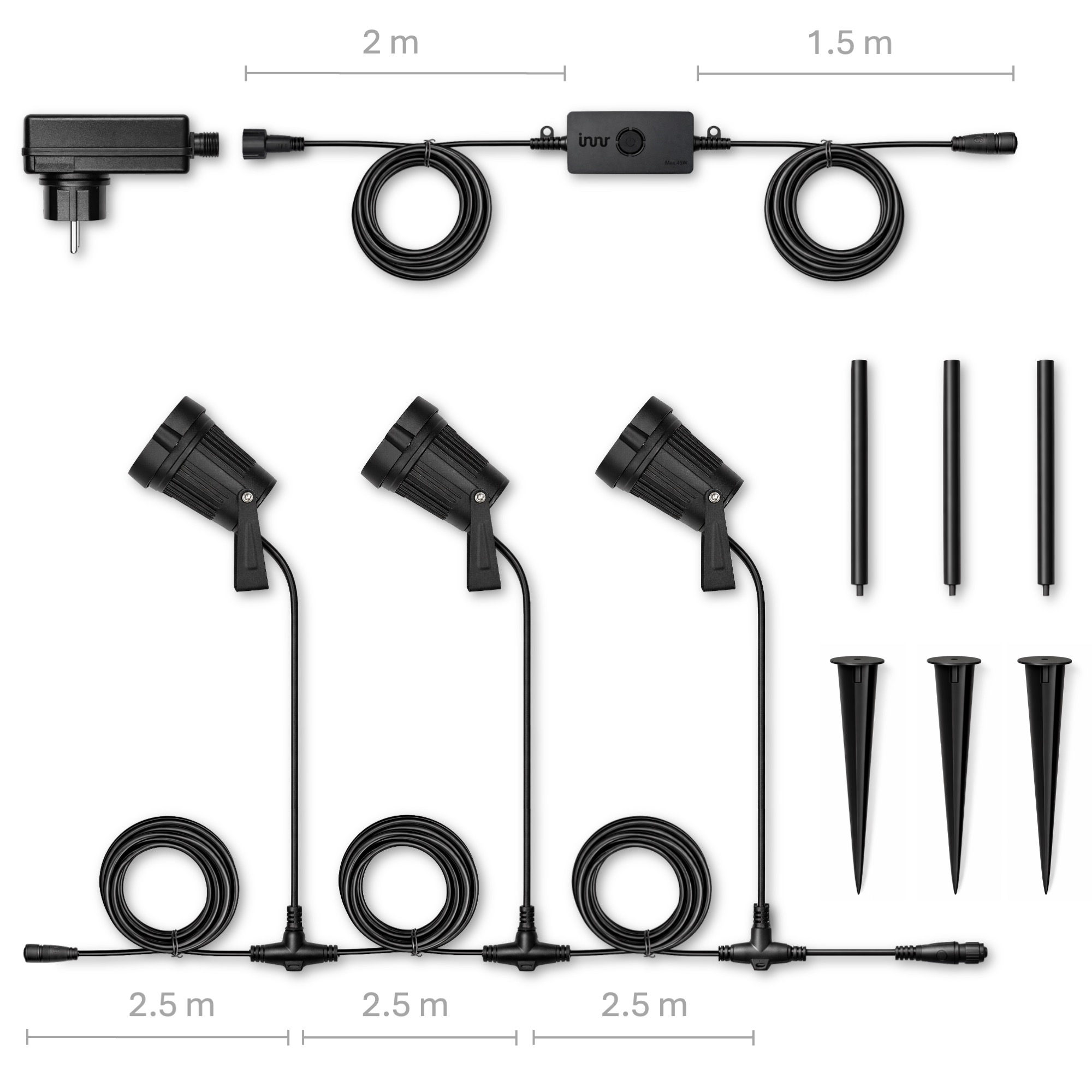 A power adapter, control unit, three spotlights, stakes, and poles.
